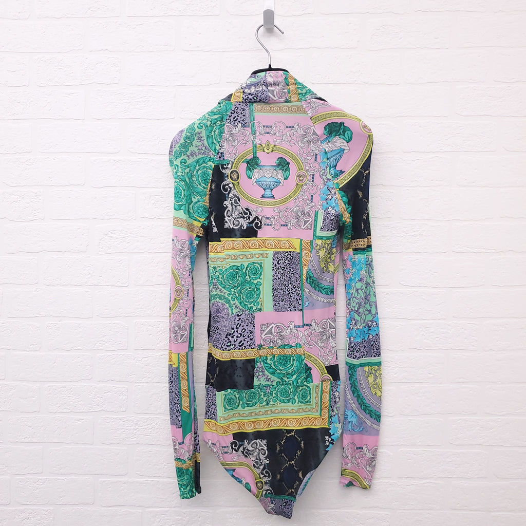 VERSACE GREEN MULTI-PATTERNED DRAPED BODYSUIT - SIZE 38