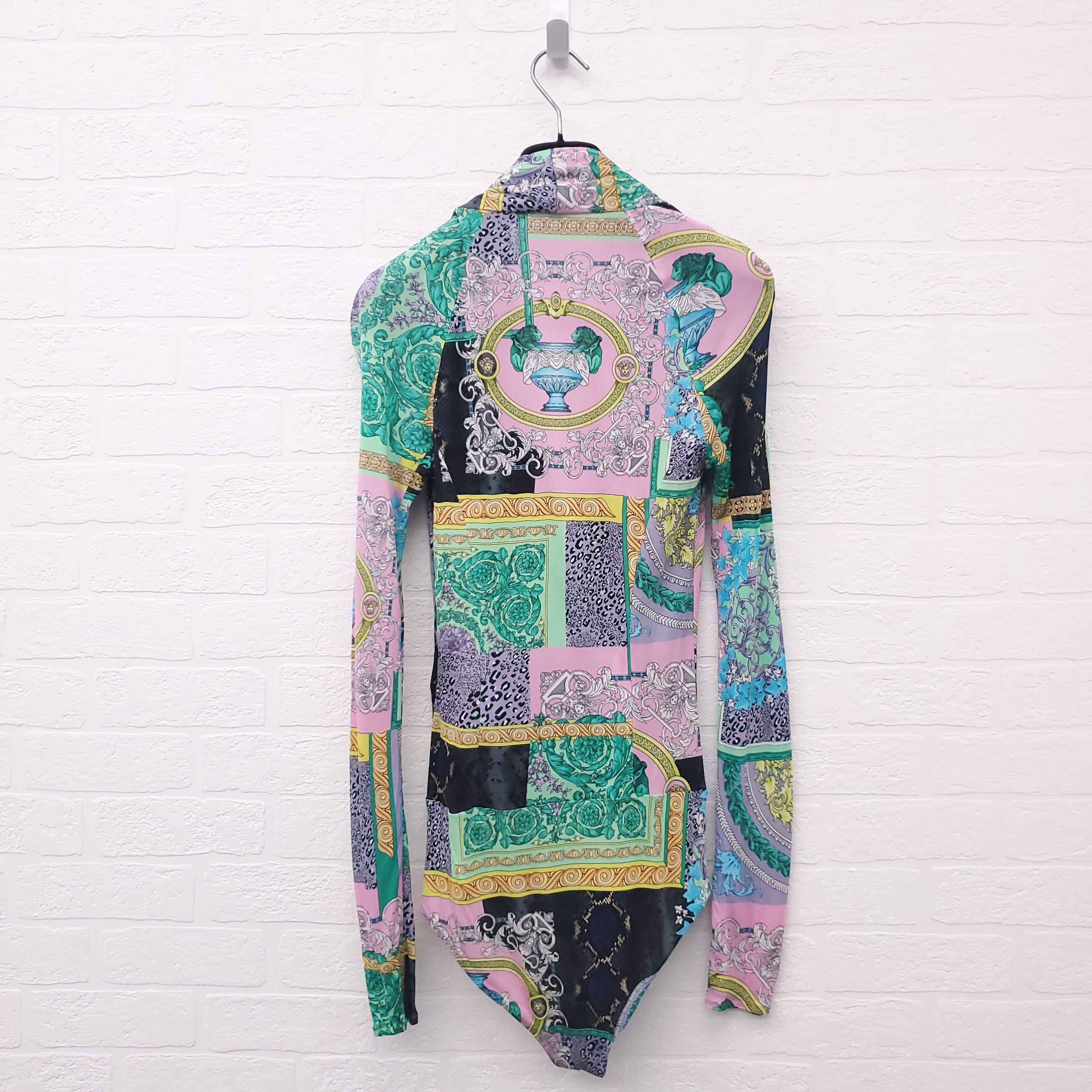 VERSACE GREEN MULTI-PATTERNED DRAPED BODYSUIT - SIZE 38