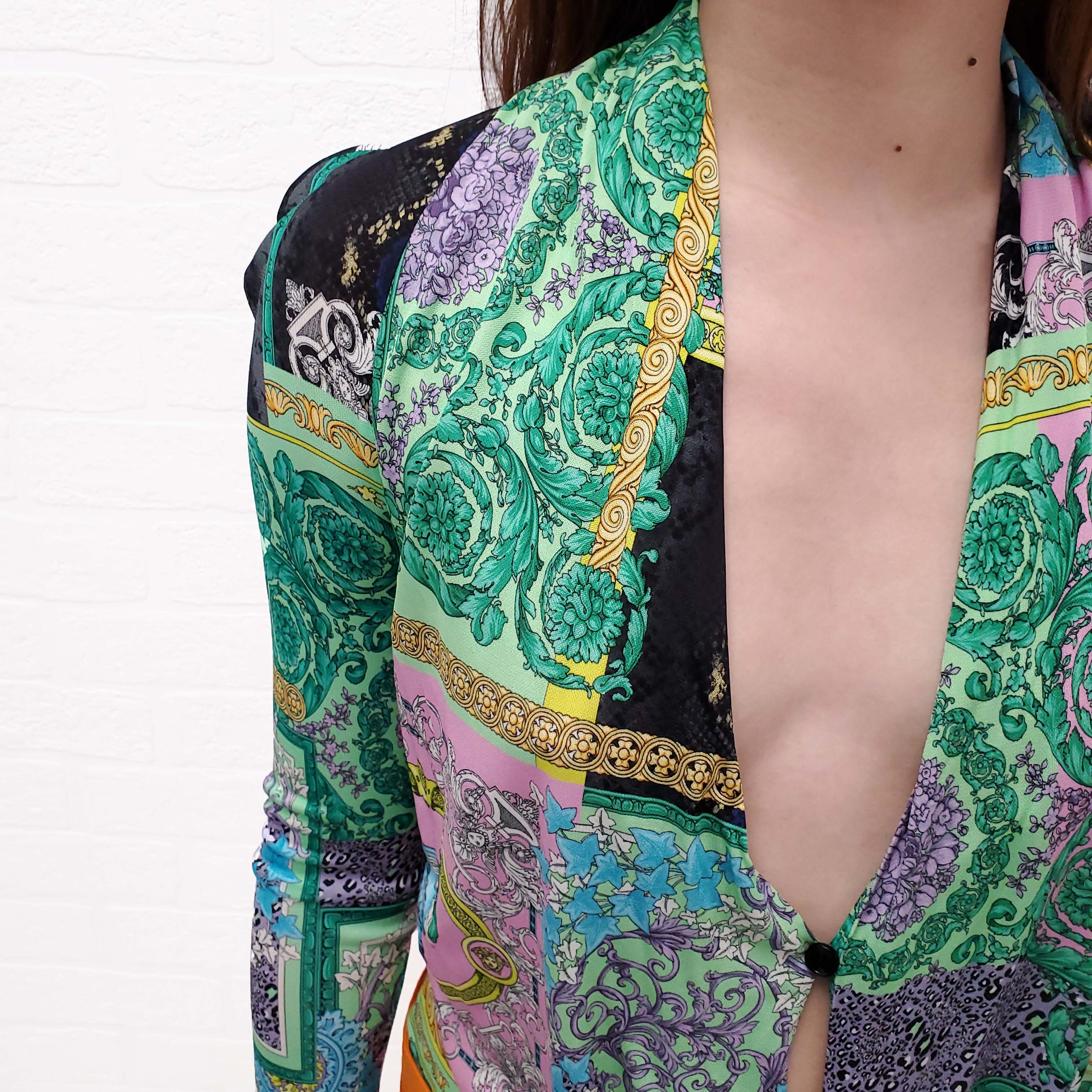 VERSACE GREEN MULTI-PATTERNED DRAPED BODYSUIT - SIZE 38