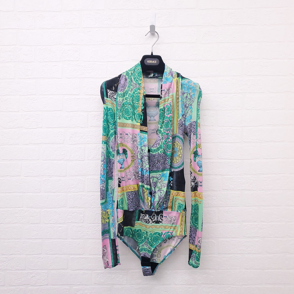 VERSACE GREEN MULTI-PATTERNED DRAPED BODYSUIT - SIZE 38
