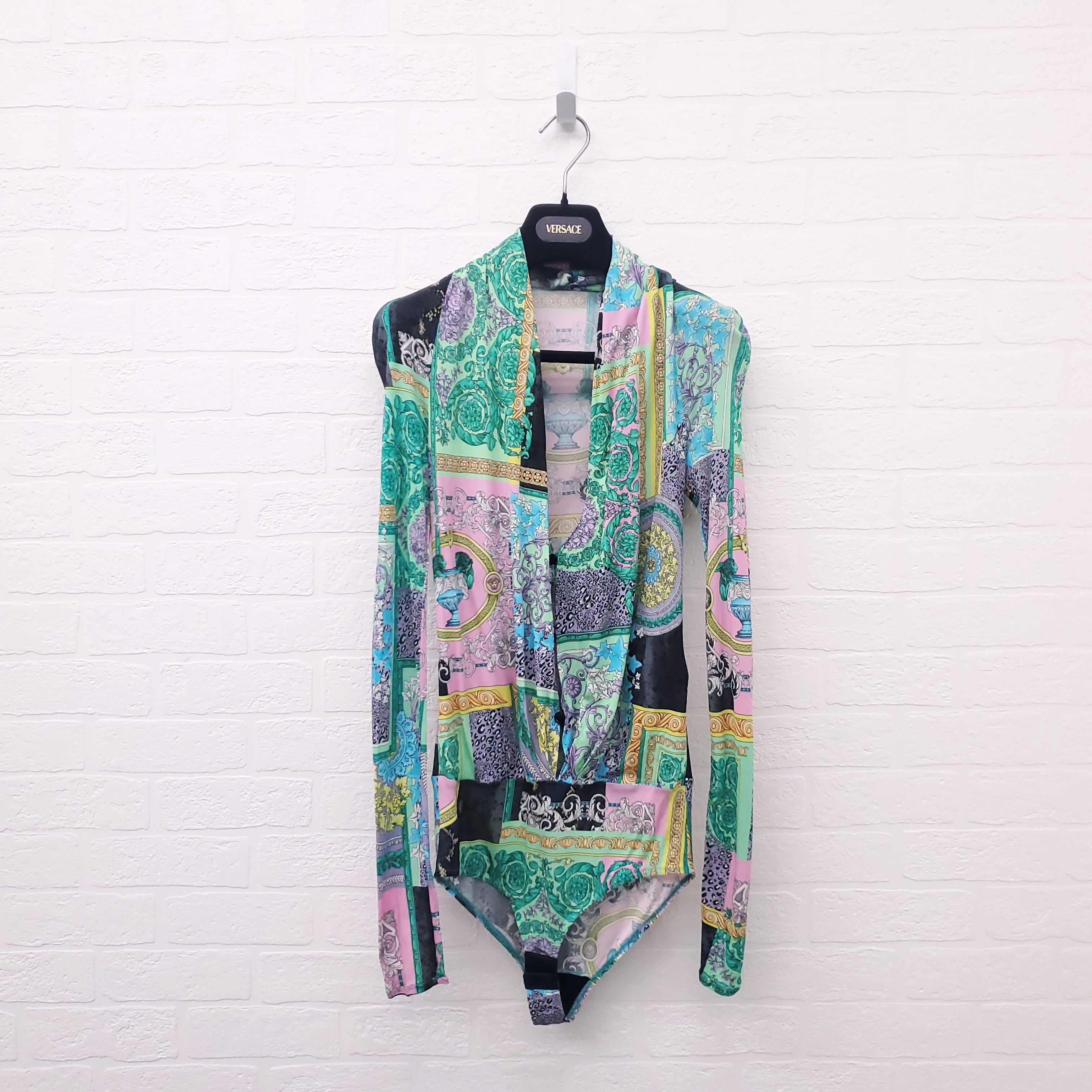 VERSACE GREEN MULTI-PATTERNED DRAPED BODYSUIT - SIZE 38