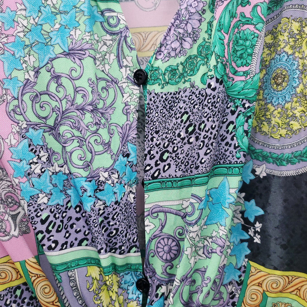 VERSACE GREEN MULTI-PATTERNED DRAPED BODYSUIT - SIZE 38