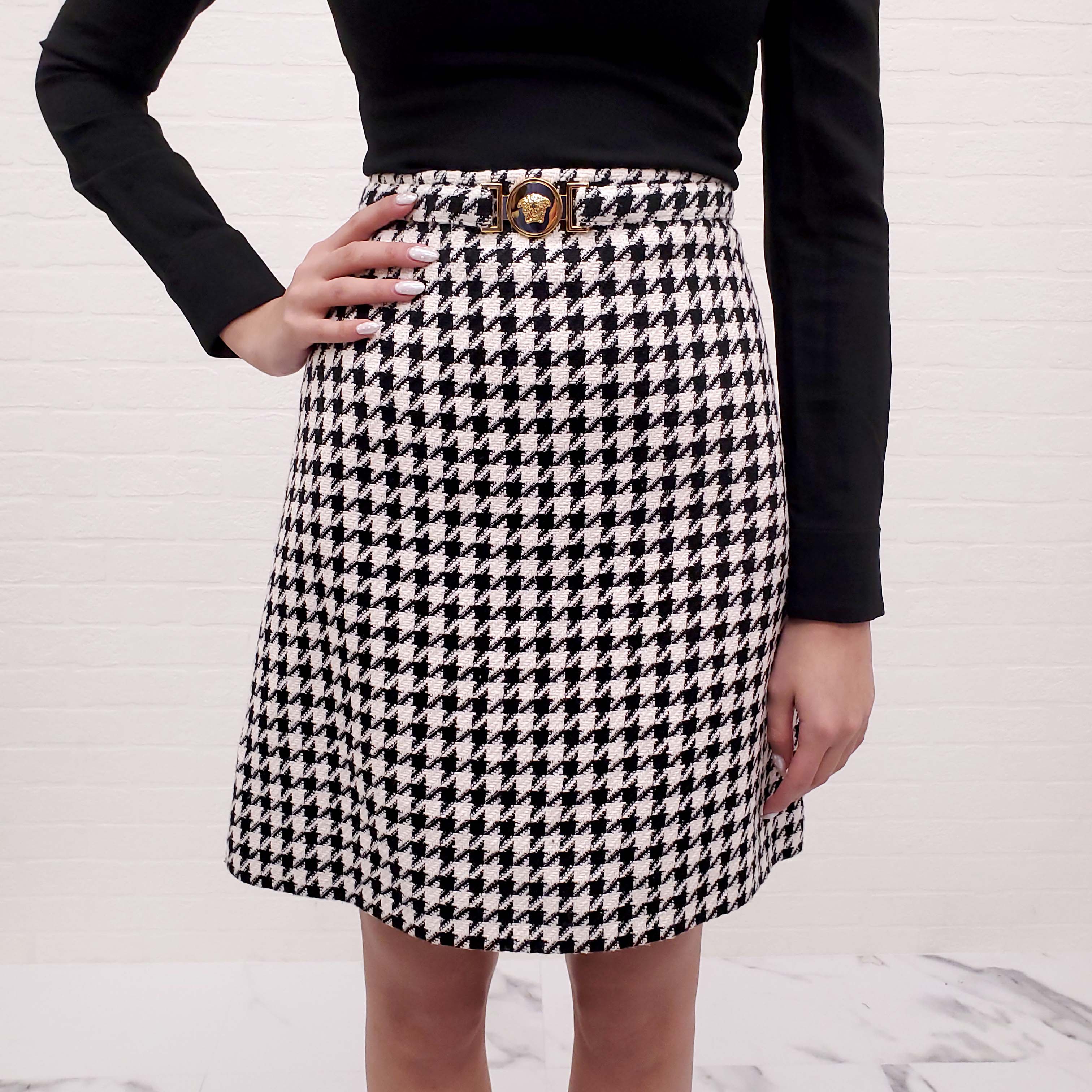 VERSACE HOUNDSTOOTH SKIRT WITH MEDUSA - SIZE 46