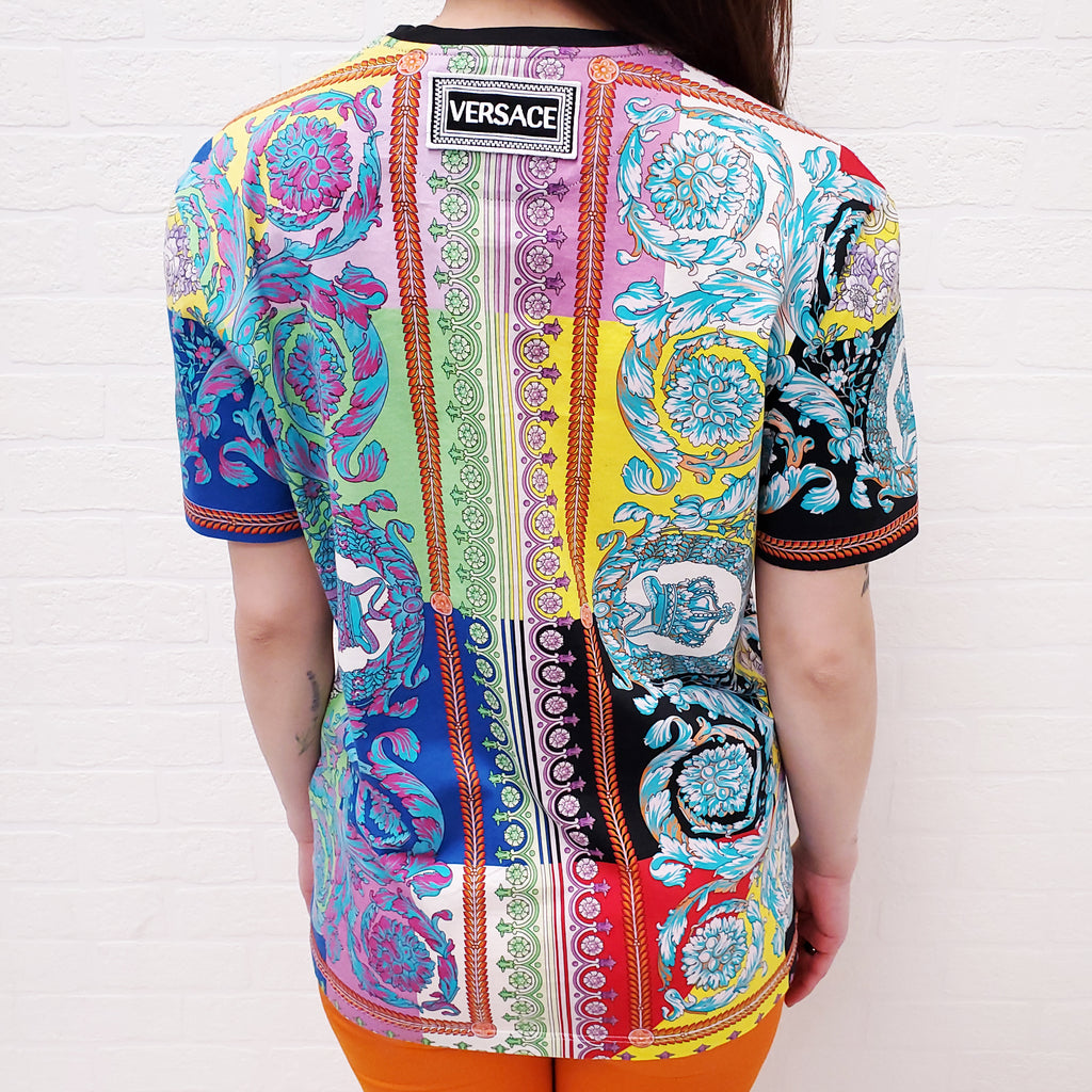 VERSACE LIMITED EDITION MULTI-COLOURED PRINTED T-SHIRT - SIZE 38