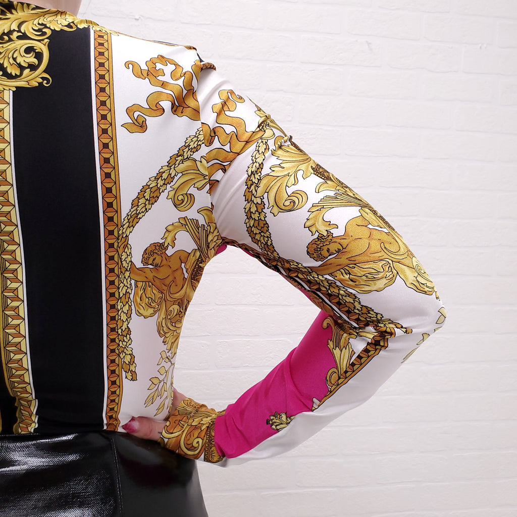 VERSACE MEDUSA RENAISSANCE PRINT BODYSUIT BLACK/GOLD/WHITE - SIZE 44