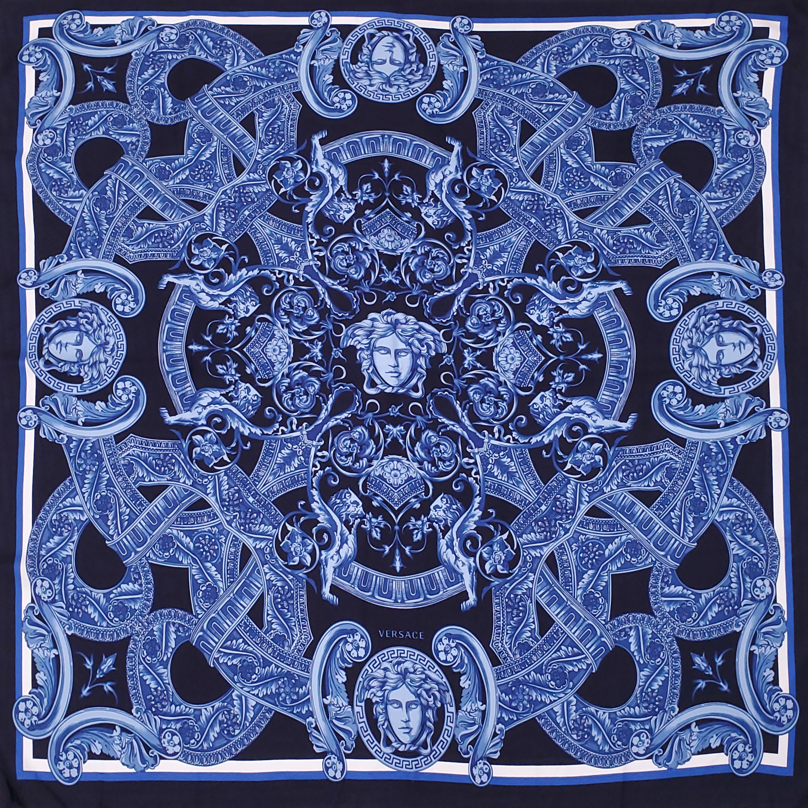 VERSACE NAVY MEDUSA PATTERNED SILK SCARF