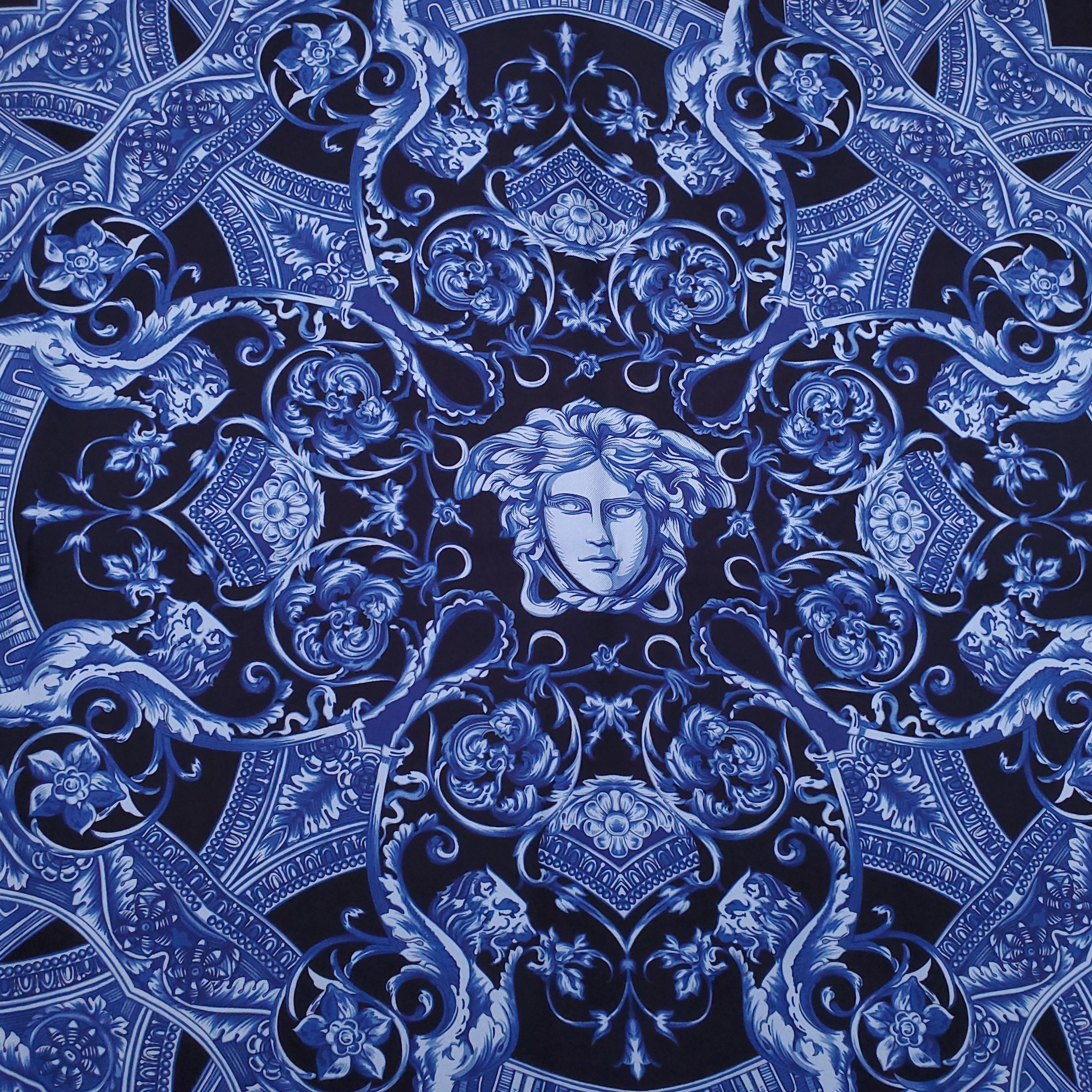 VERSACE NAVY MEDUSA PATTERNED SILK SCARF