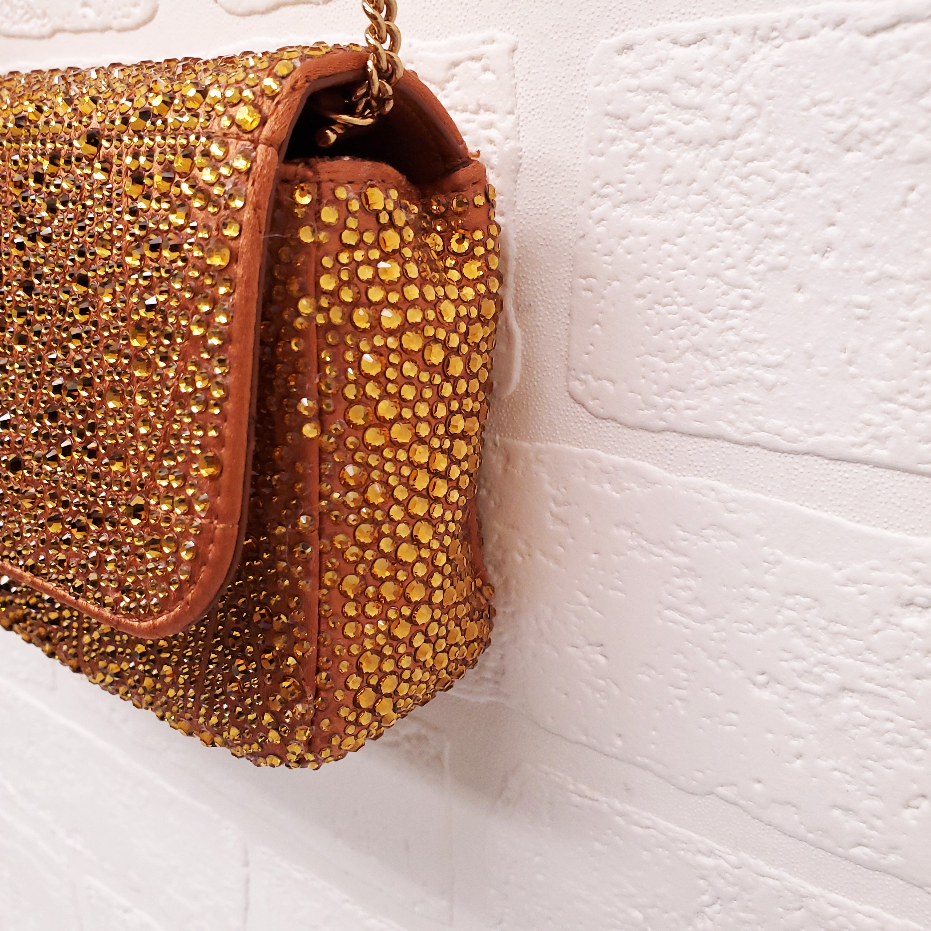 VERSACE ORANGE MINI VIRTUS CRYSTAL PAVÉ EVENING BAG