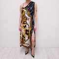 VERSACE PATTERNED BLACK & YELLOW LOGO PLEATED DRESS WITH MEDUSA CHAIN - SIZE 38