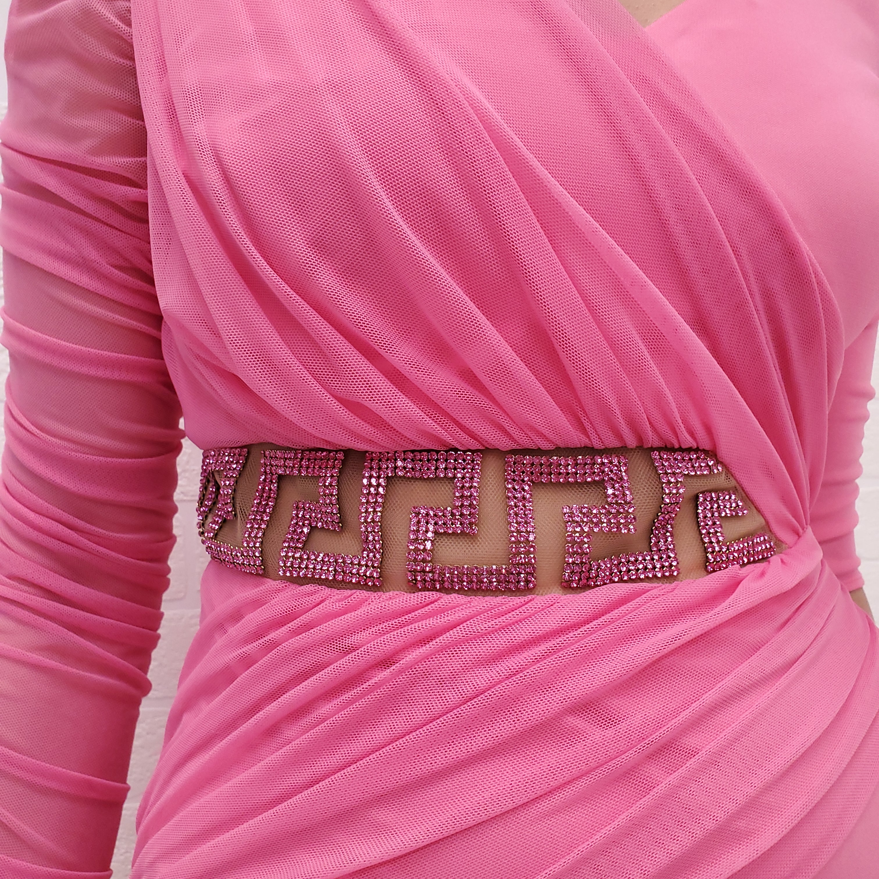 VERSACE PINK DRAPED MINI DRESS WITH MESH AND CRYSTAL DETAIL - SIZE 40