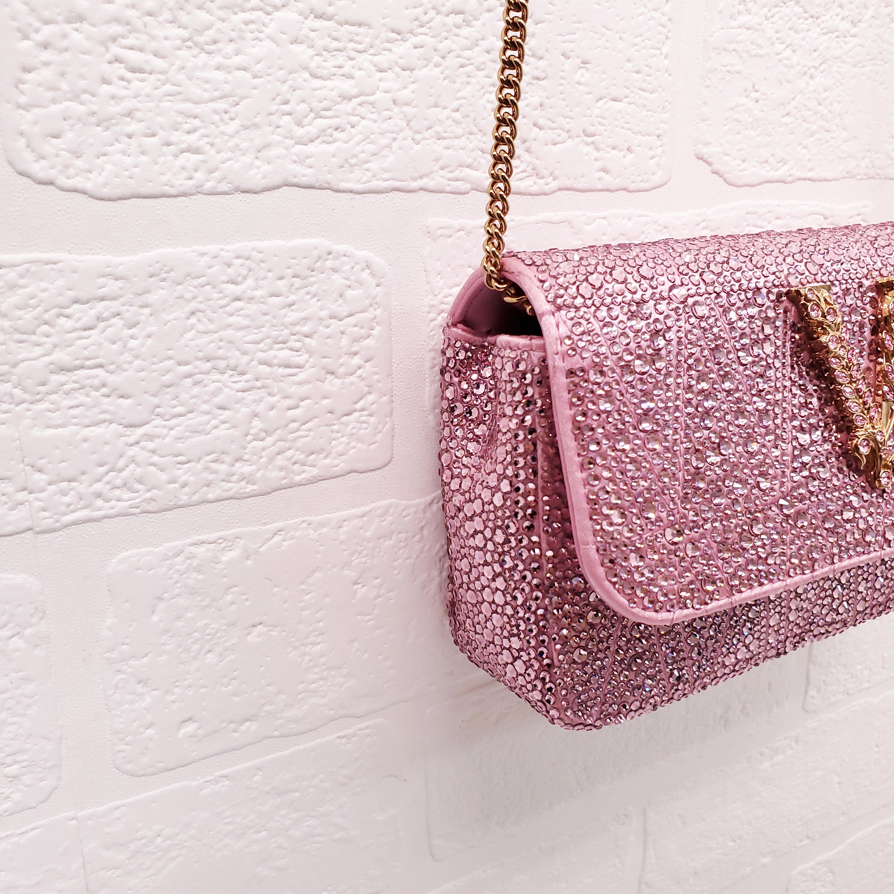 VERSACE PINK MINI VIRTUS CRYSTAL PAVÉ EVENING BAG