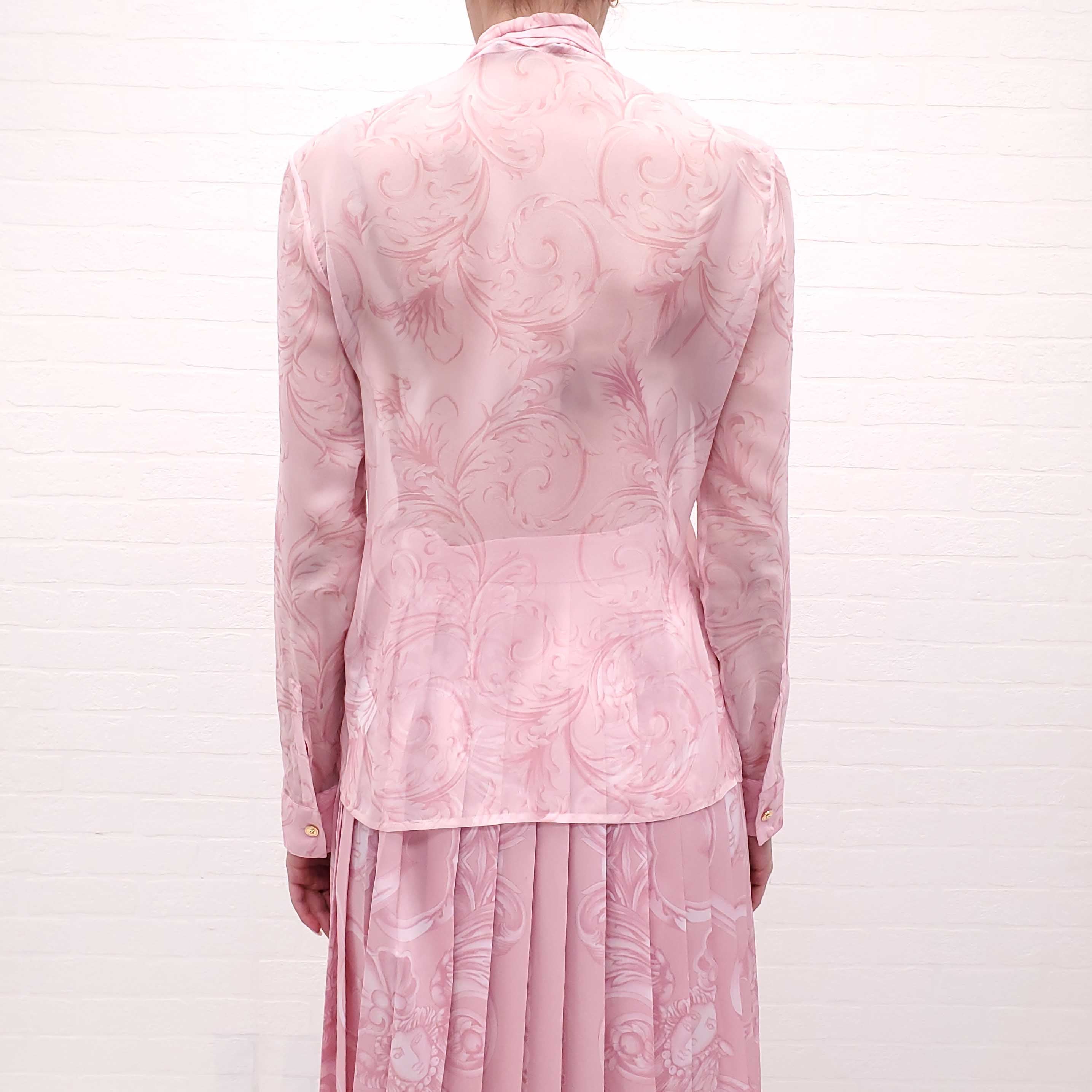VERSACE PINK SILK 'BAROCCO' BLOUSE WITH TIE - SIZE 40