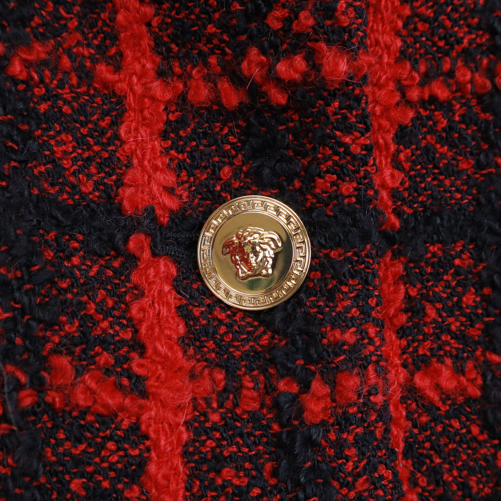 VERSACE RED AND BLACK TWEED BLAZER WITH MEDUSA BUTTONS - SIZE 46