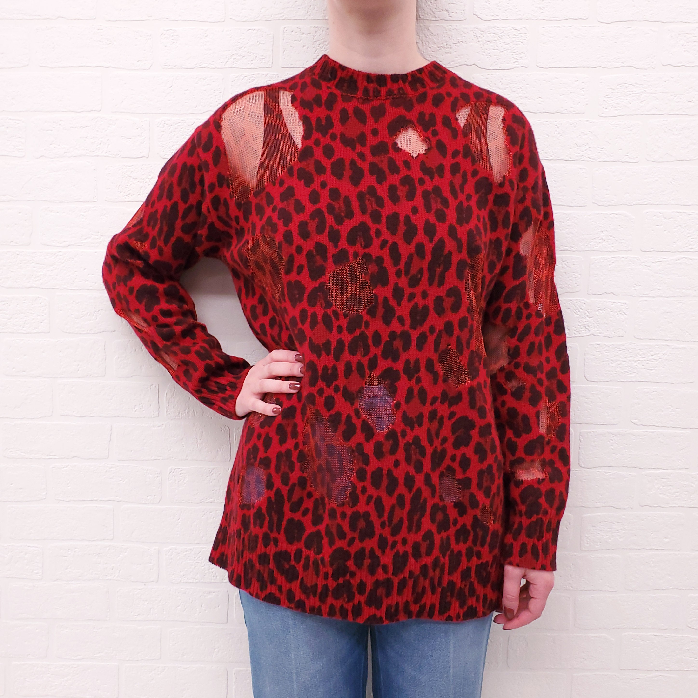 VERSACE RED LEOPARD DISTRESSED SWEATER - SIZE 38