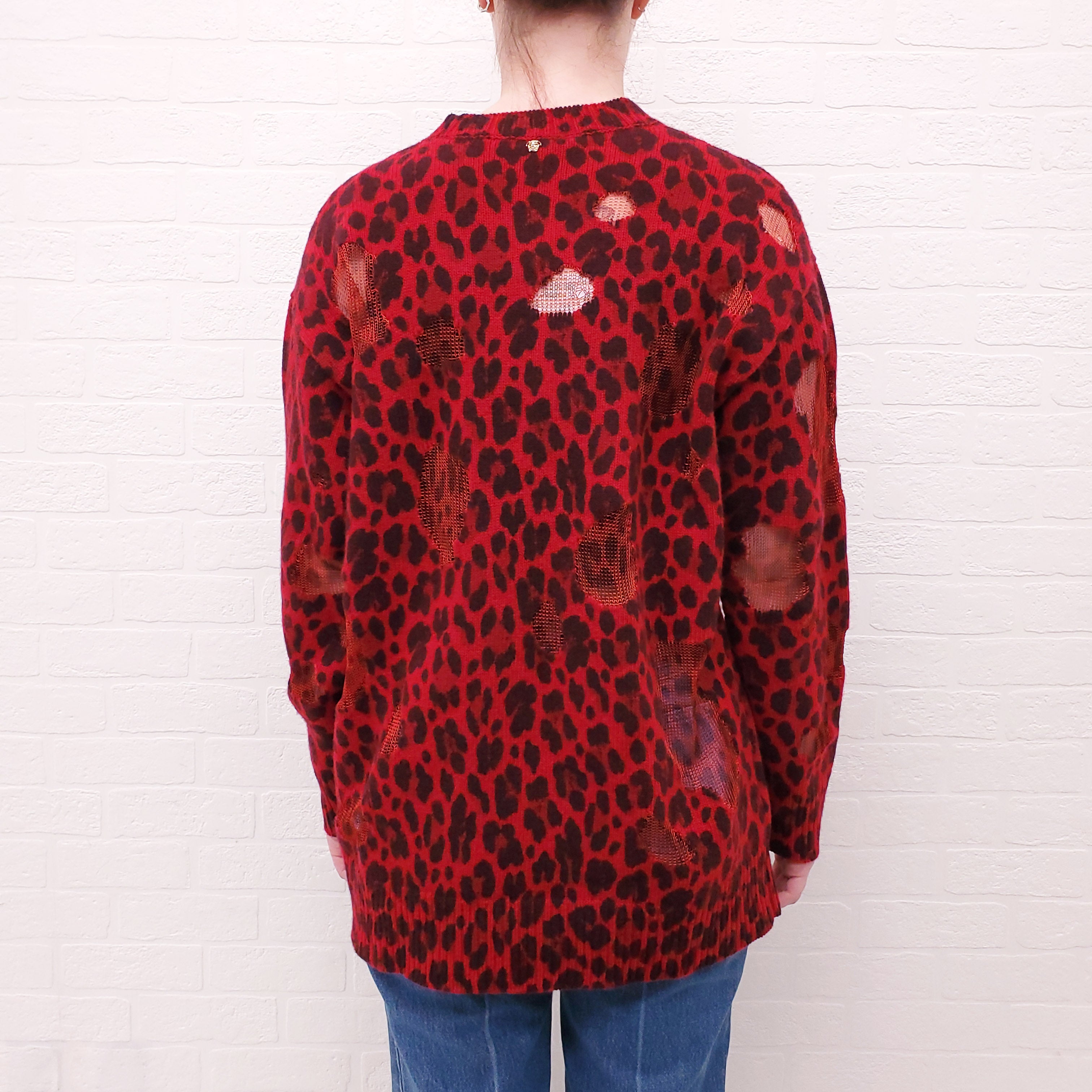 VERSACE RED LEOPARD DISTRESSED SWEATER - SIZE 38