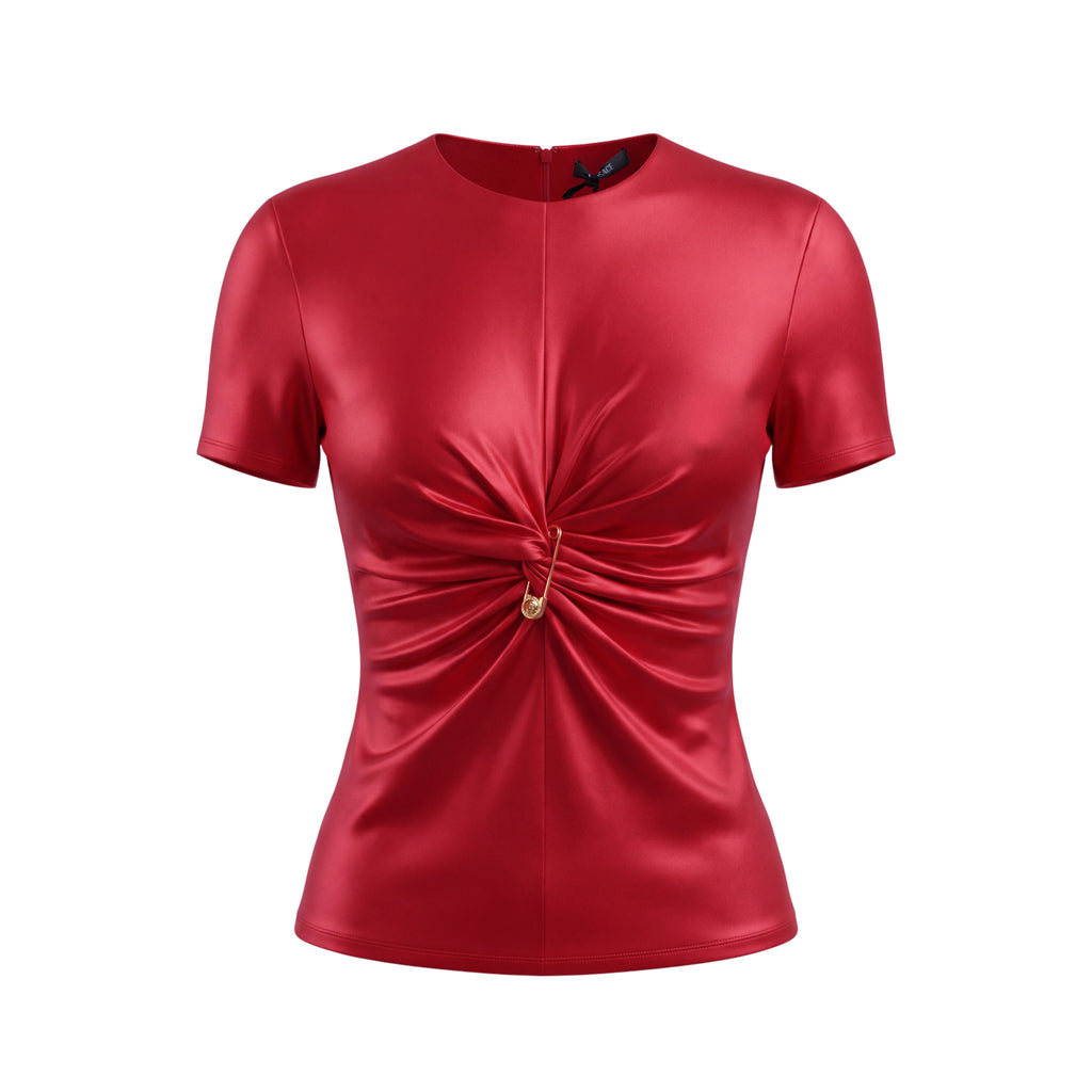 VERSACE RED SAFETY PIN GATHER TOP - SIZE 38