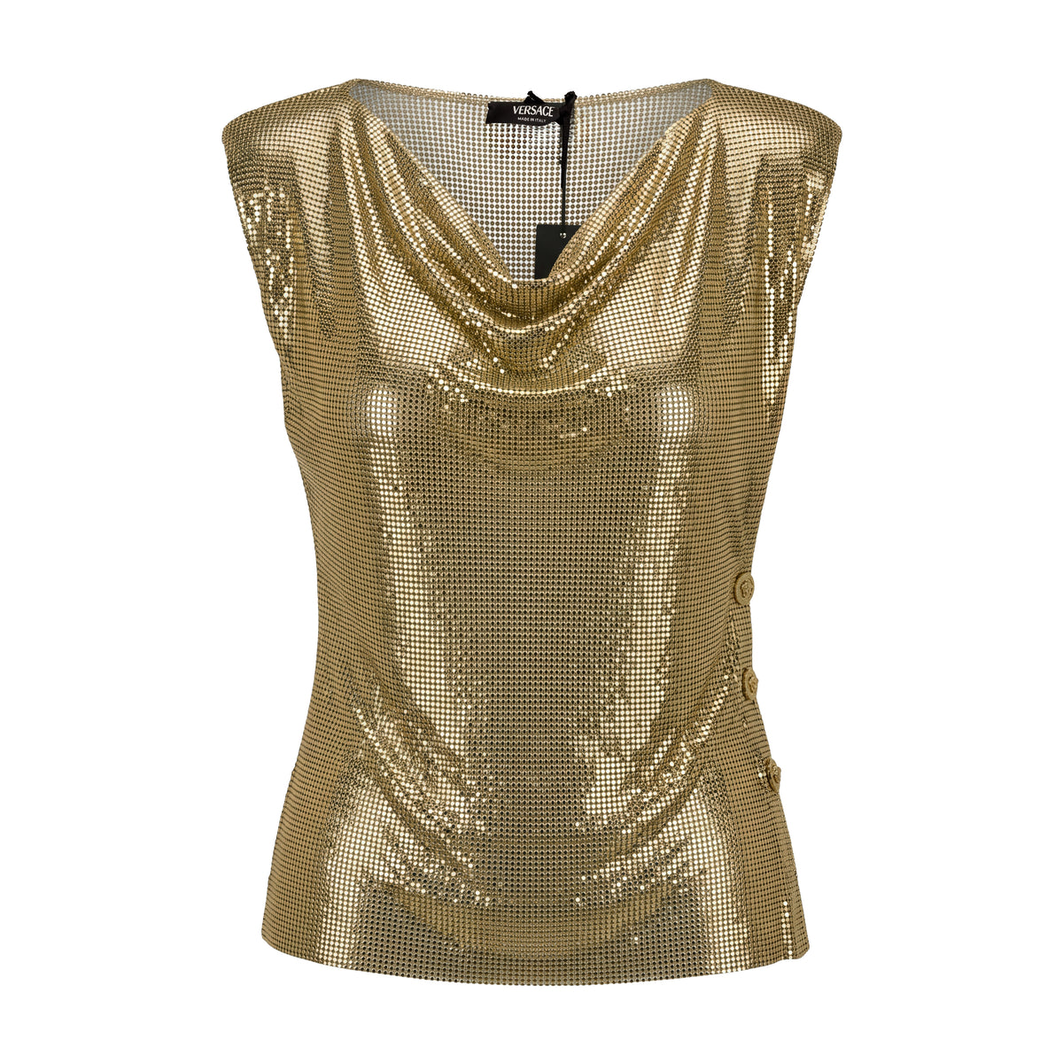 VERSACE SLEEVELESS DRAPED CHAINMAIL TOP - SIZE 36