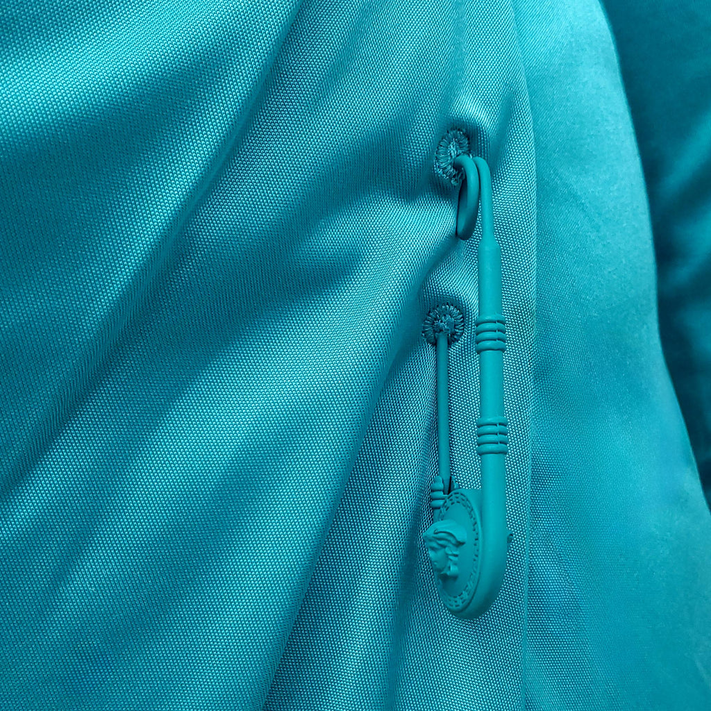VERSACE TURQUOISE MEDUSA SAFETY PIN MINI DRESS - SIZE 42