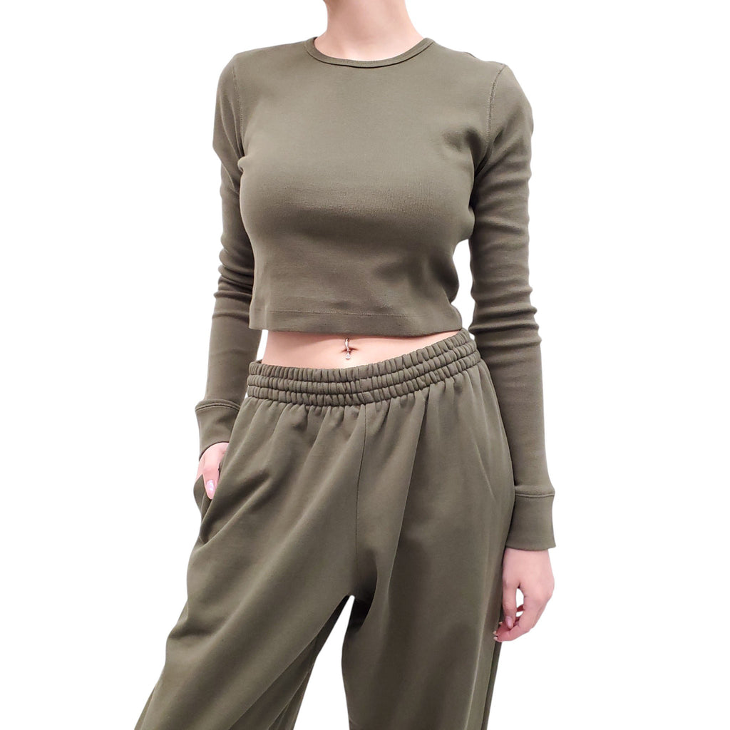 WARDROBE.NYC ARMY GREEN CROPPED LONG-SLEEVE SHIRT - SIZE L
