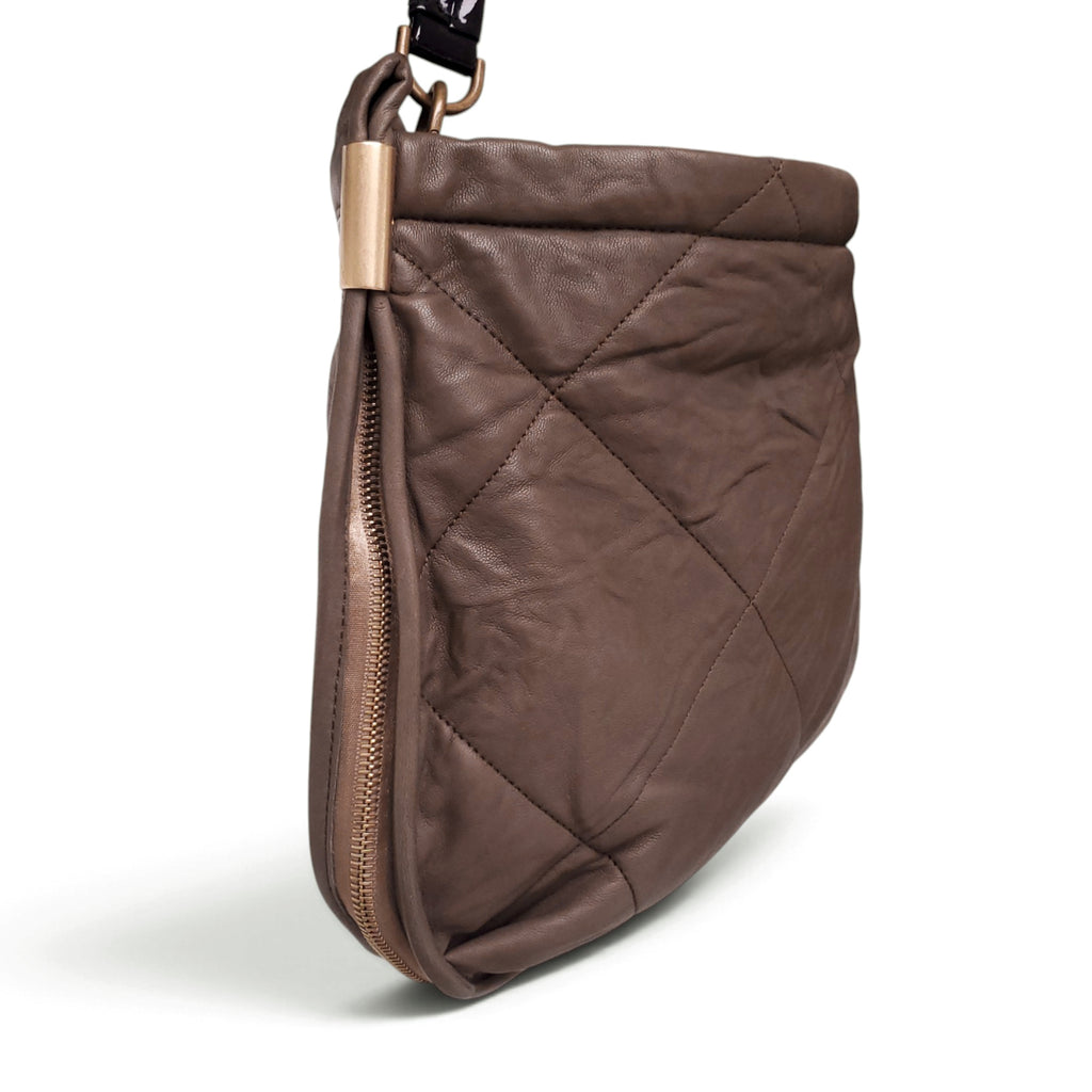 LANVIN TAUPE AND BLACK LEATHER SHOULDER BAG WITH RIBBON AND LOGO COIN