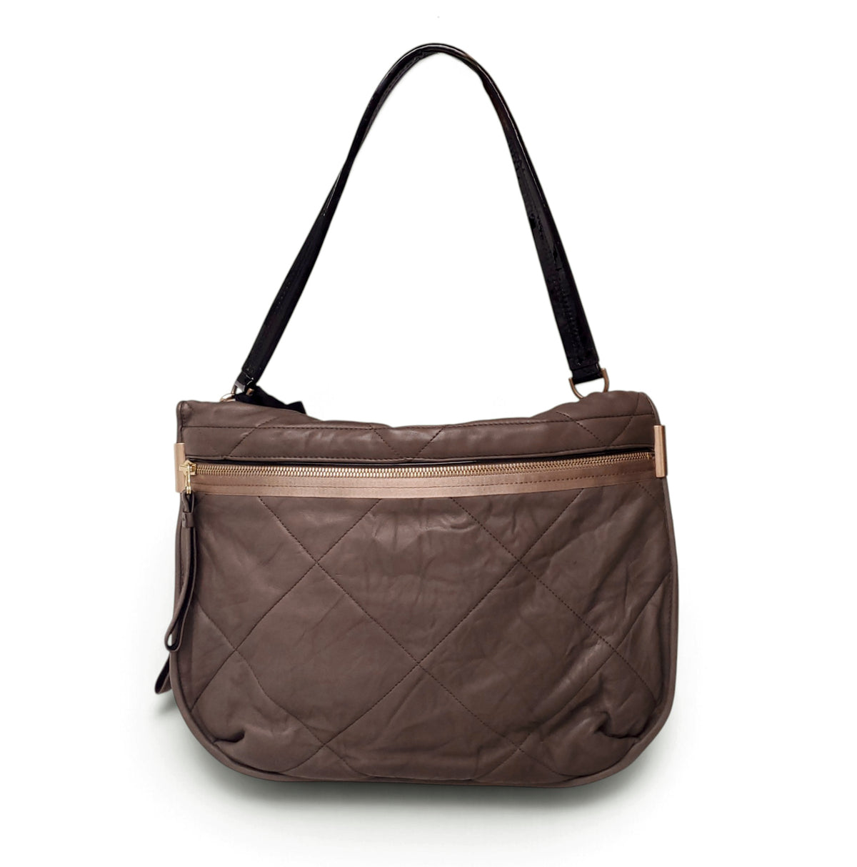 LANVIN TAUPE AND BLACK LEATHER SHOULDER BAG WITH RIBBON AND LOGO COIN