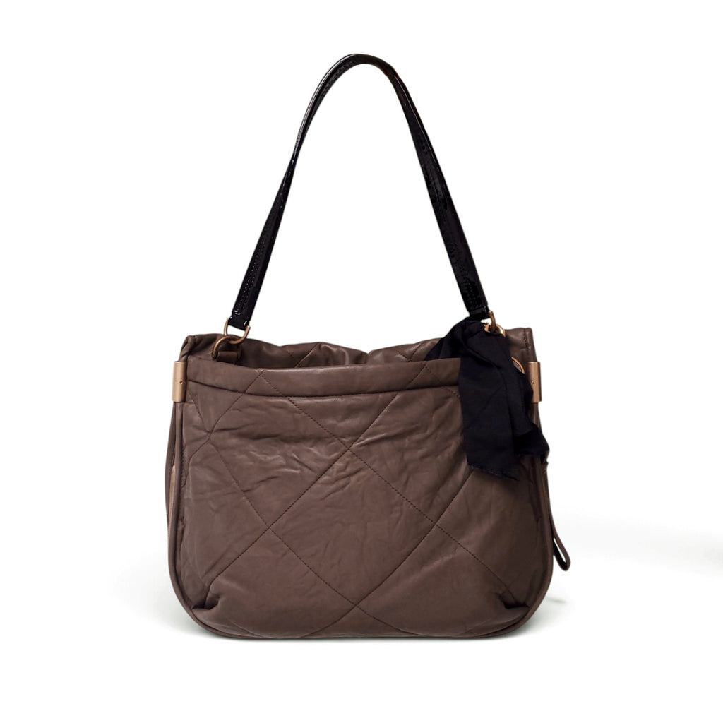 LANVIN TAUPE AND BLACK LEATHER SHOULDER BAG WITH RIBBON AND LOGO COIN