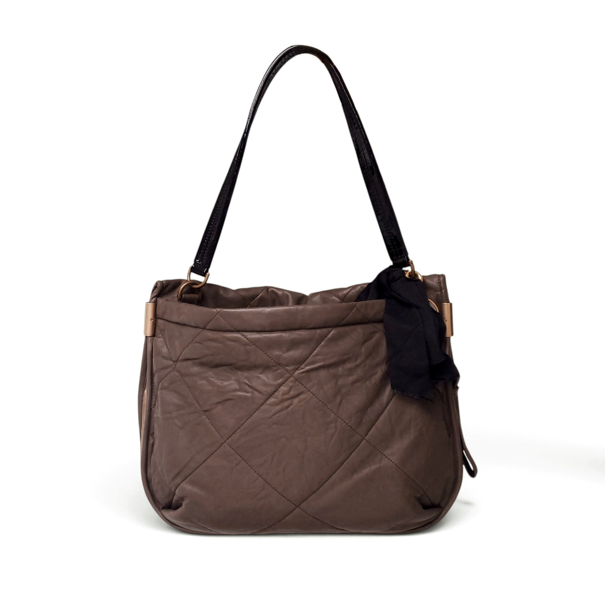 LANVIN TAUPE AND BLACK LEATHER SHOULDER BAG WITH RIBBON AND LOGO COIN