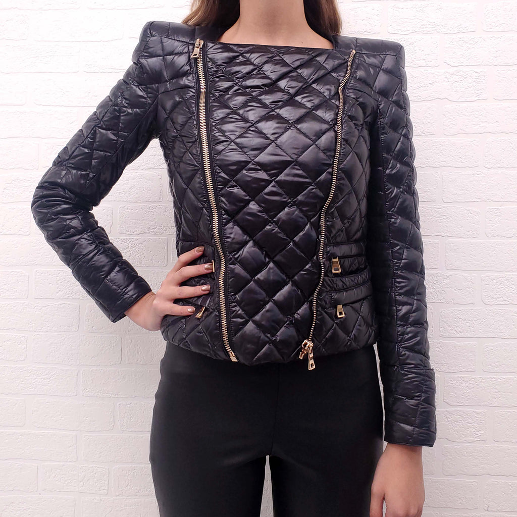 BALMAIN QUILTED PUFFER JACKET WITH GOLD ZIPPERS - SIZE 38