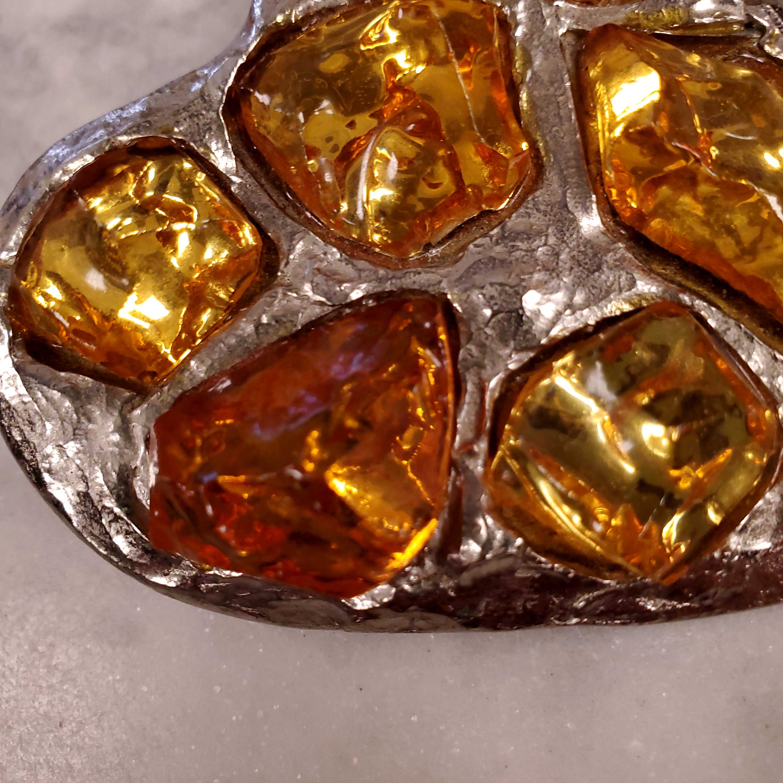 YVES SAINT LAURENT METAL TEXTURED HEART PIN WITH YELLOW STONES