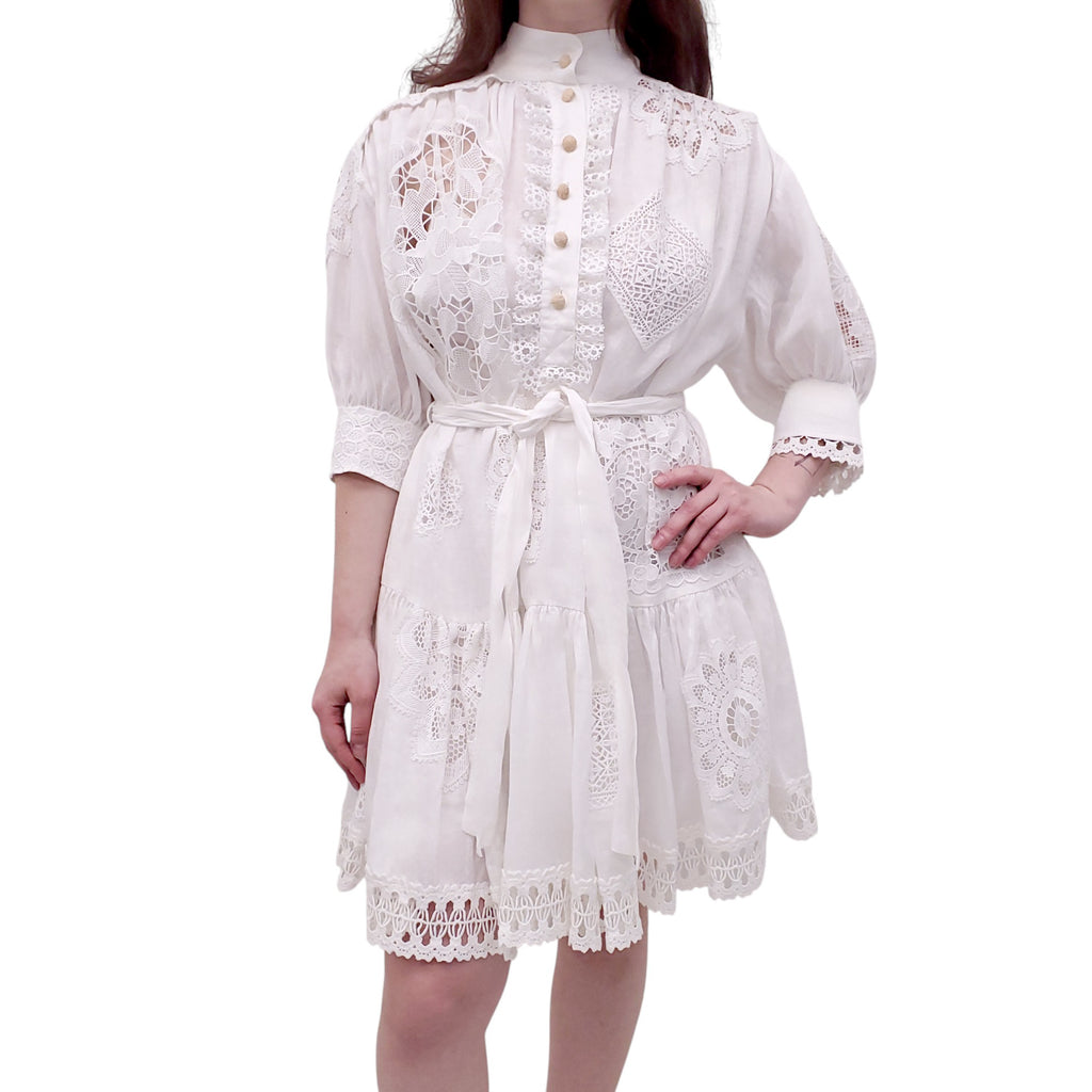 ZIMMERMANN IVORY EYELET 'RHYTHMIC APPLIQUE LACE' DRESS - SIZE 1 (US 6)