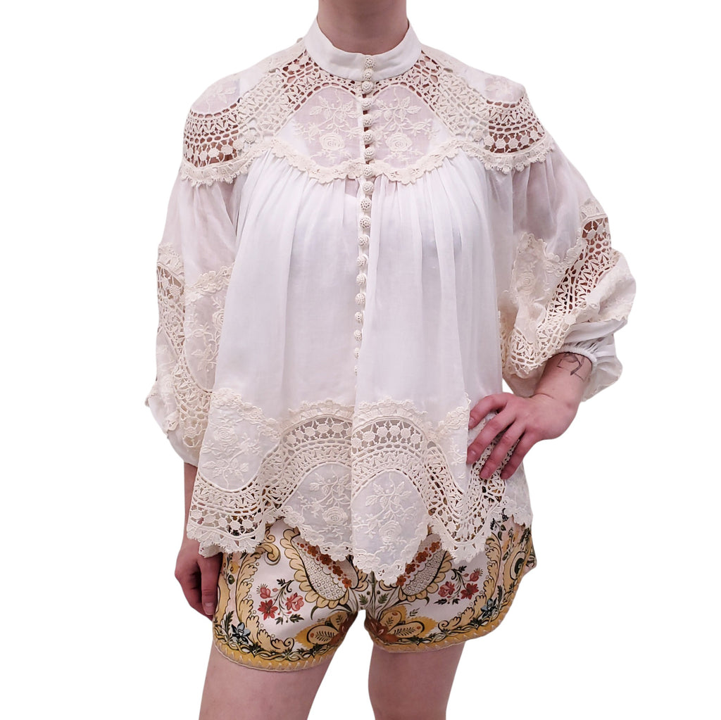 ZIMMERMANN IVORY 'PATTIE EMBROIDERED TRIM' BLOUSE - SIZE 2 (US 8)