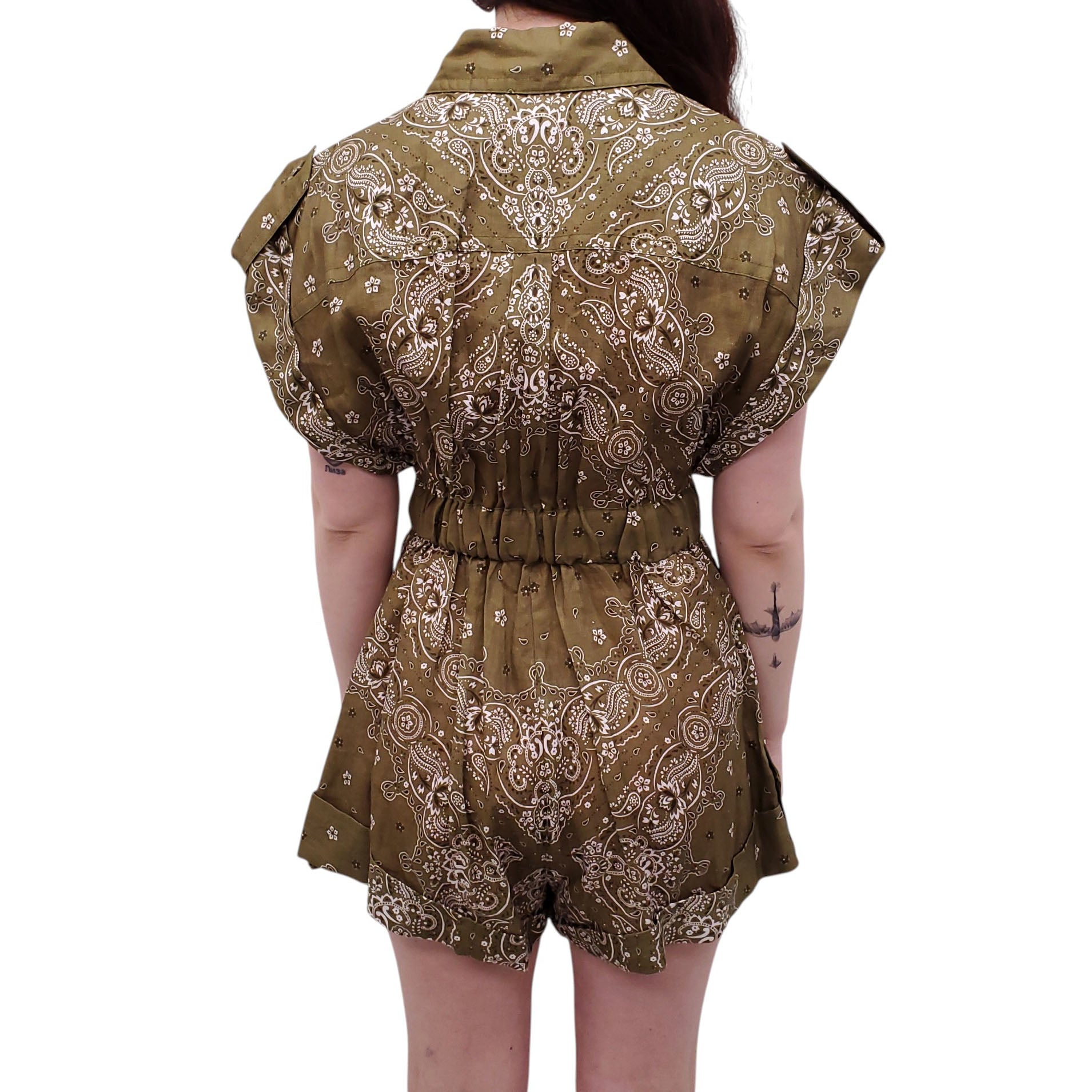 ZIMMERMANN KHAKI GREEN BANDANA 'VIOLET ROLL CUFF PLAYSUIT' ROMPER - SIZE 1 (US 6)