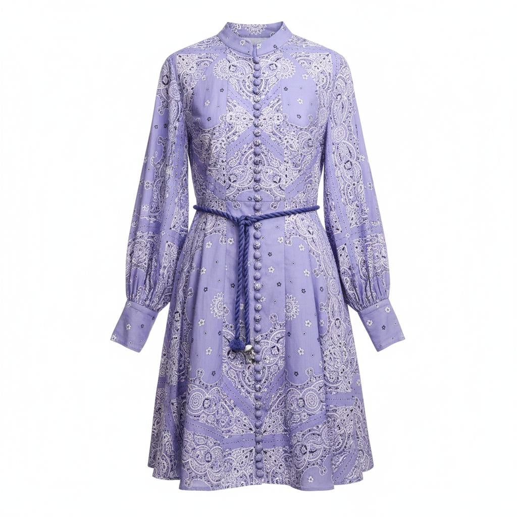 ZIMMERMANN LAVENDER BANDANA PRINT DRESS WITH SEASHELL TIE DETAIL - SIZE 2 (US 8)