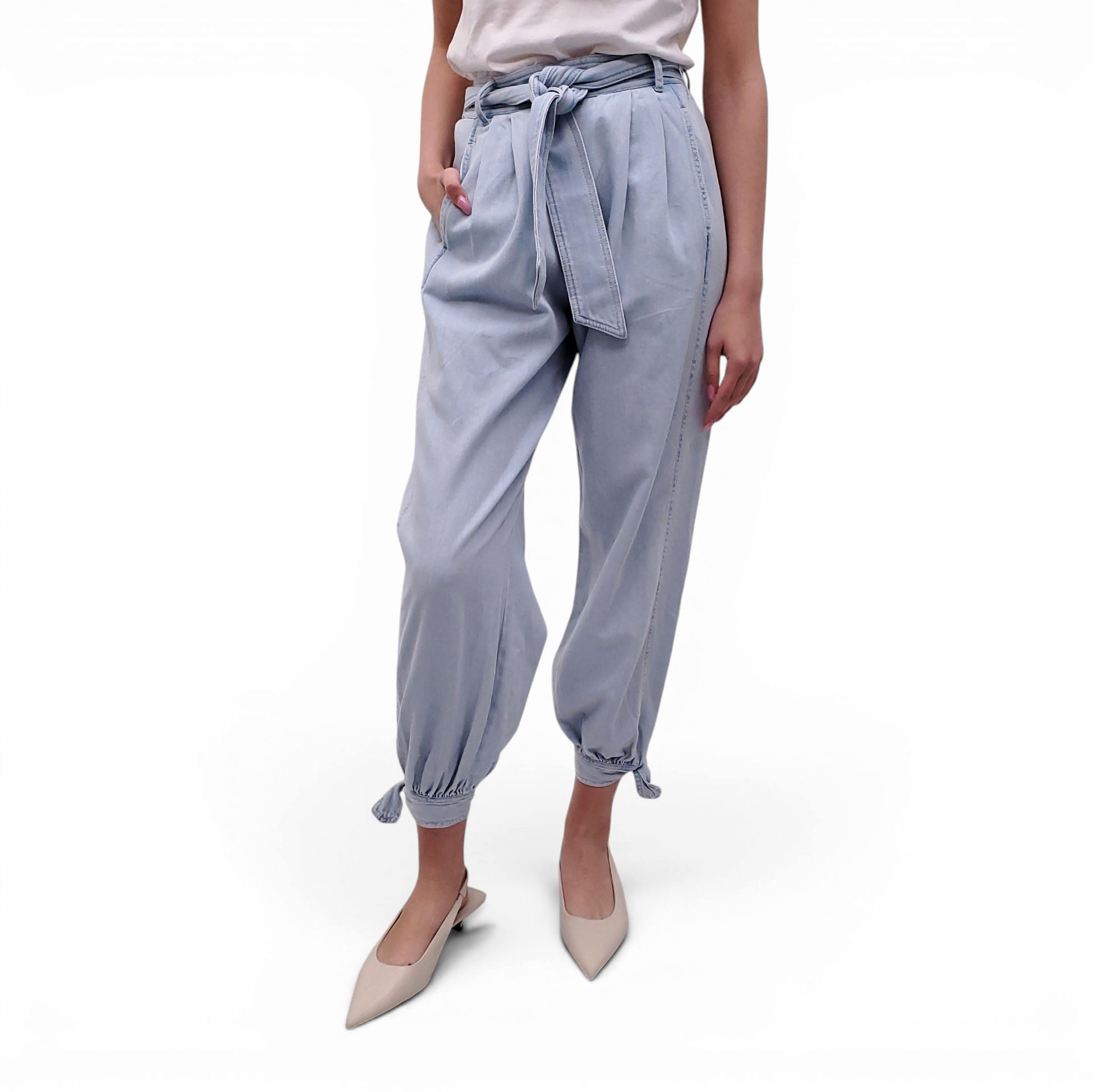 ZIMMERMANN LIGHT WASH DENIM PANTS WITH TIE BELT - SIZE 0 (US 4)
