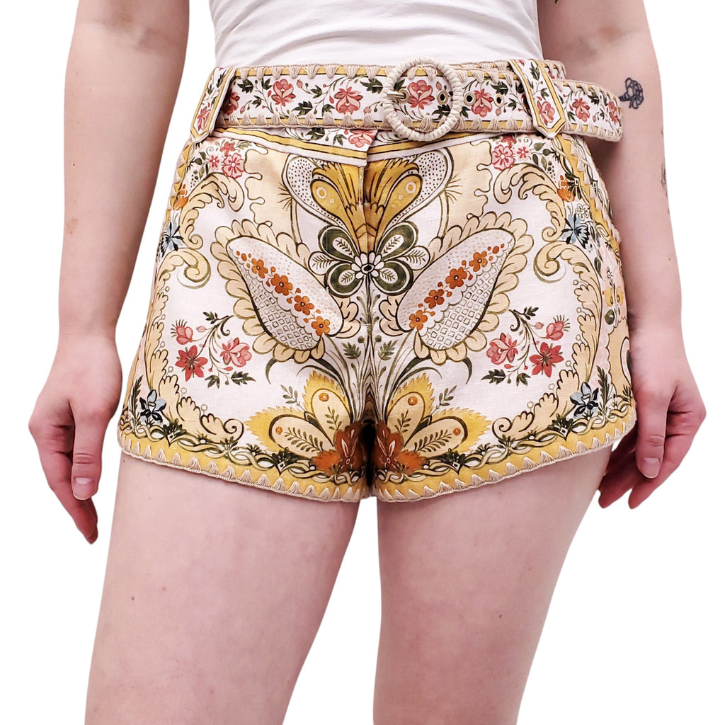 ZIMMERMANN MUSTARD BAROQUE FLORAL 'LAUREL' SHORTS - SIZE 3 (US 10)