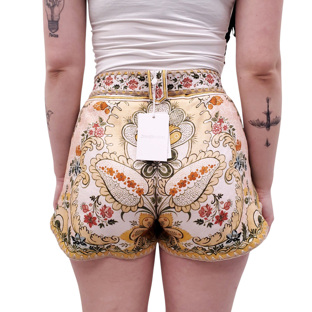 ZIMMERMANN MUSTARD BAROQUE FLORAL 'LAUREL' SHORTS - SIZE 3 (US 10)