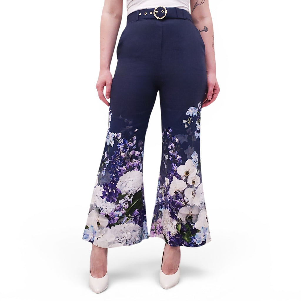 ZIMMERMANN NAVY FLORAL 'RHYTHMIC CROP FLARE' PANTS - SIZE 0 (US 4)