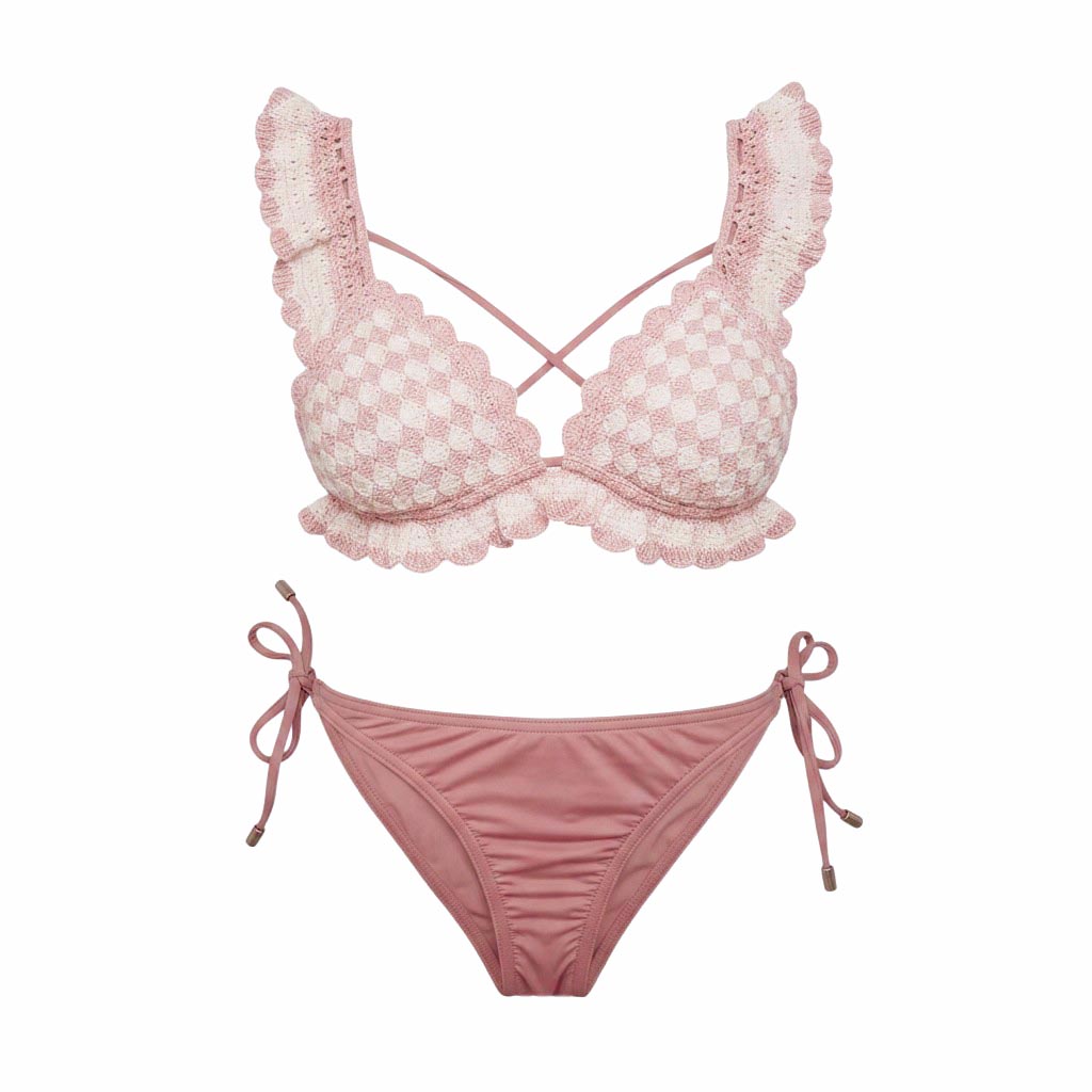 ZIMMERMANN PINK AND WHITE CLOVER CROCHET BINIKI - SIZE 2 (US 8)