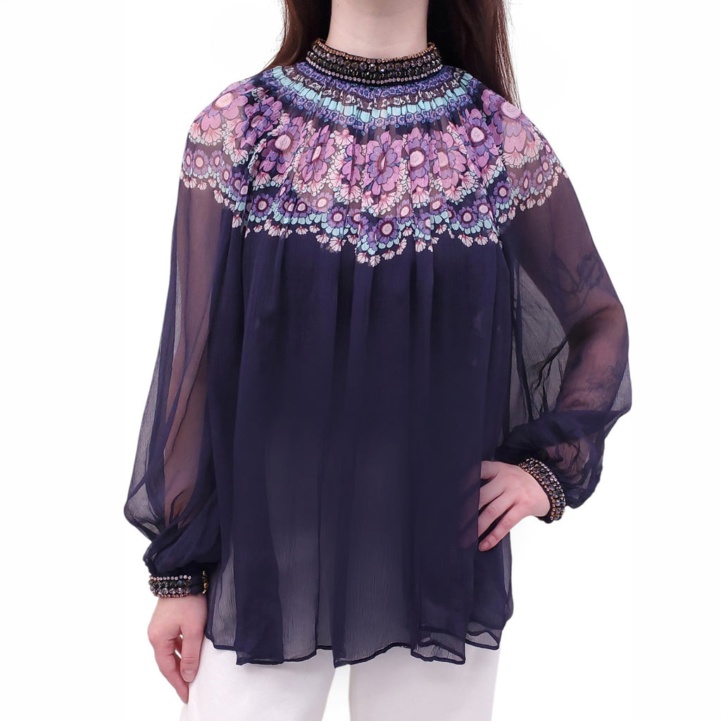 ZIMMERMANN PURPLE SILK 'CELESTIAL GEMINI FLORAL' BLOUSE WITH EMBELLISHED NECKLINE - SIZE 2 (US 8)