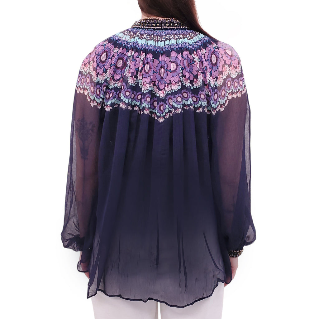 ZIMMERMANN PURPLE SILK 'CELESTIAL GEMINI FLORAL' BLOUSE WITH EMBELLISHED NECKLINE - SIZE 2 (US 8)
