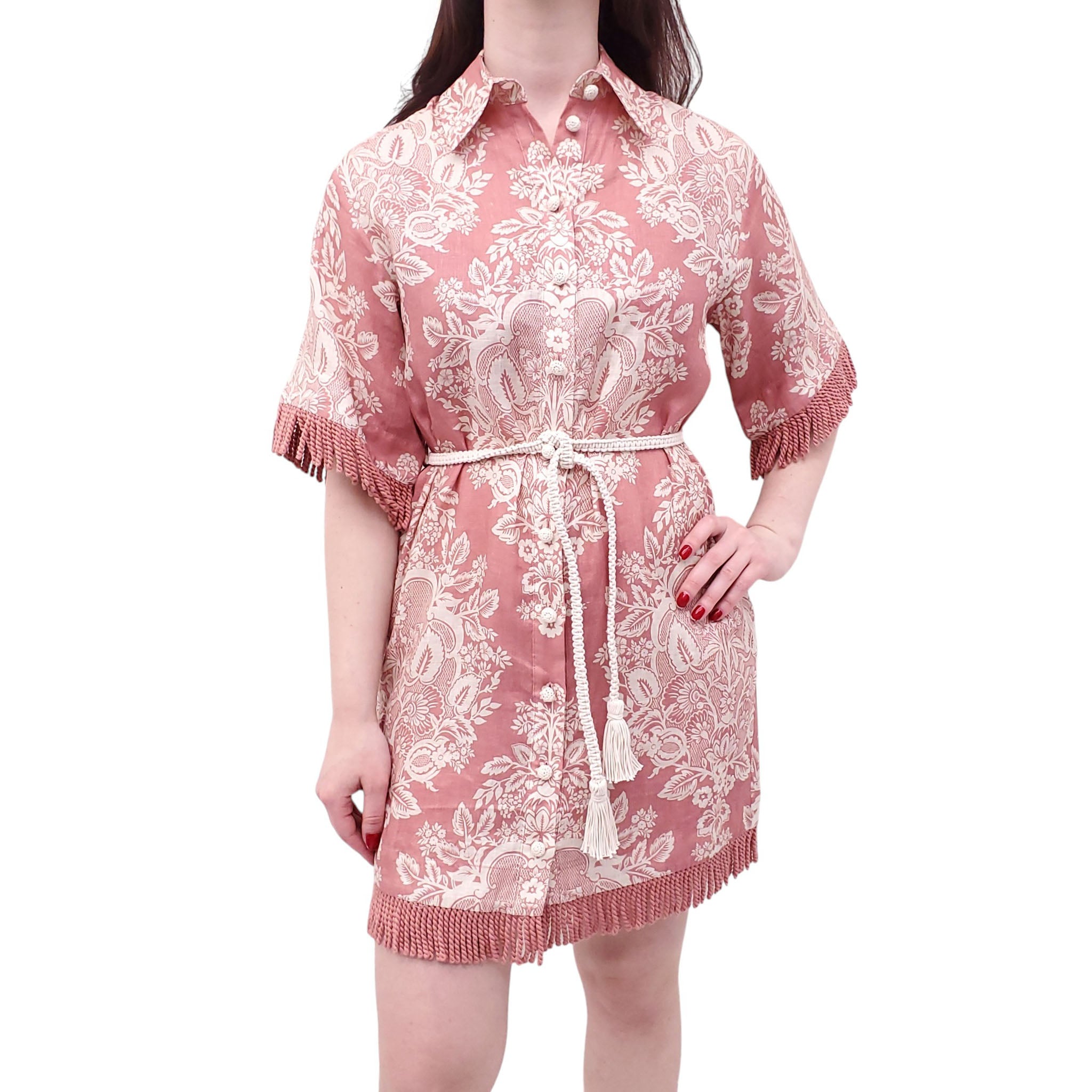 ZIMMERMANN ROSE BAROQUE FLORAL 'PATTIE FRINGED' DRESS WITH TIE BELT - SIZE 0 (US 4)
