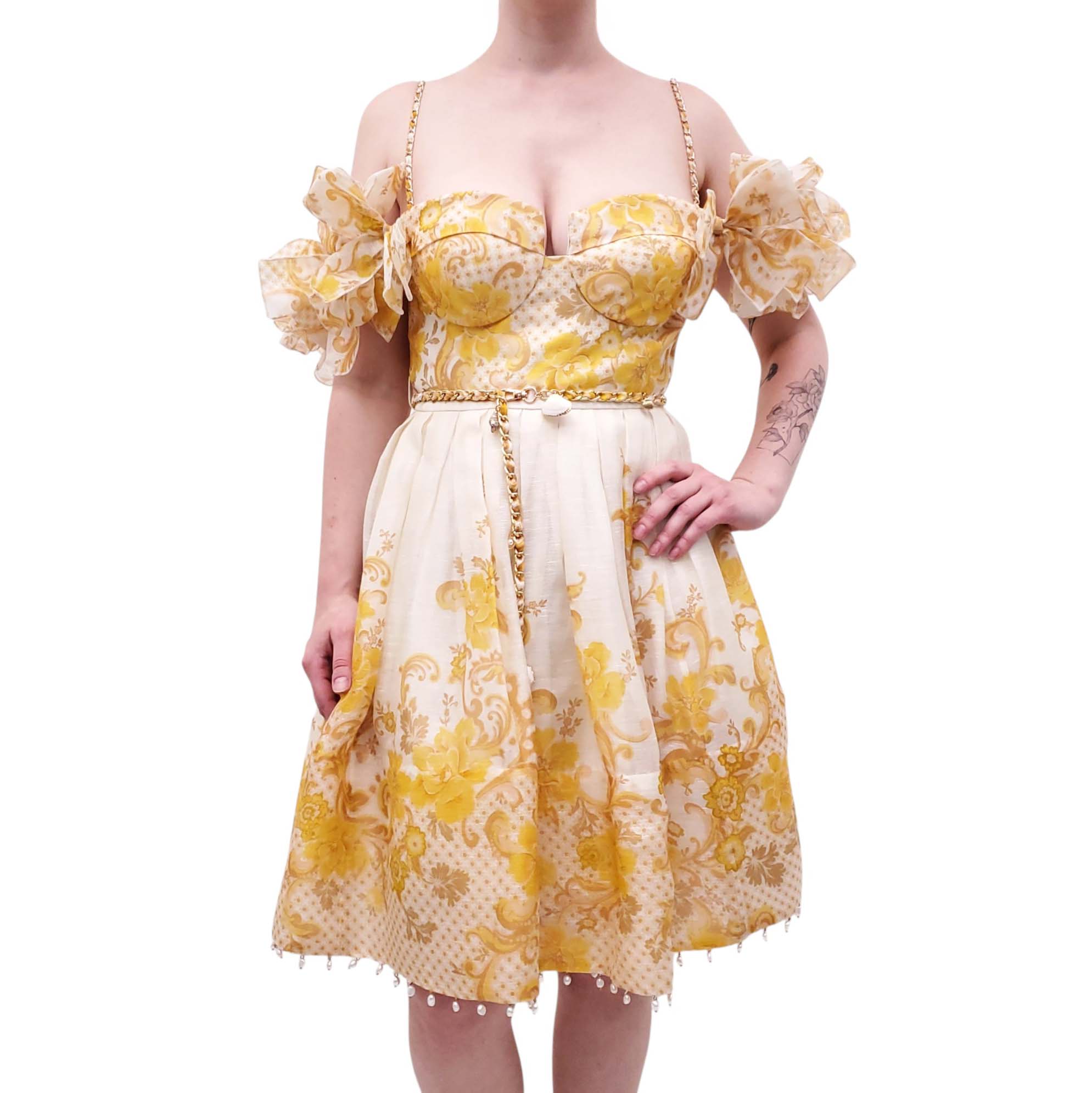 ZIMMERMANN WHITE AND YELLOW 'POSTCARD BOW BODICE' MINI DRESS - SIZE 2 (US 8)