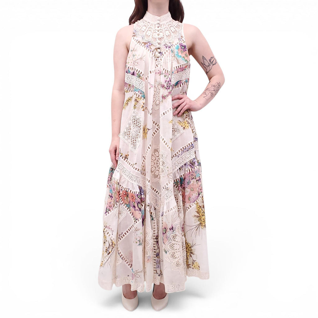 ZIMMERMANN WHITE FLORAL EYELET 'JUDE SPLICED TRIM' LONG DRESS - SIZE 2 (US 8)