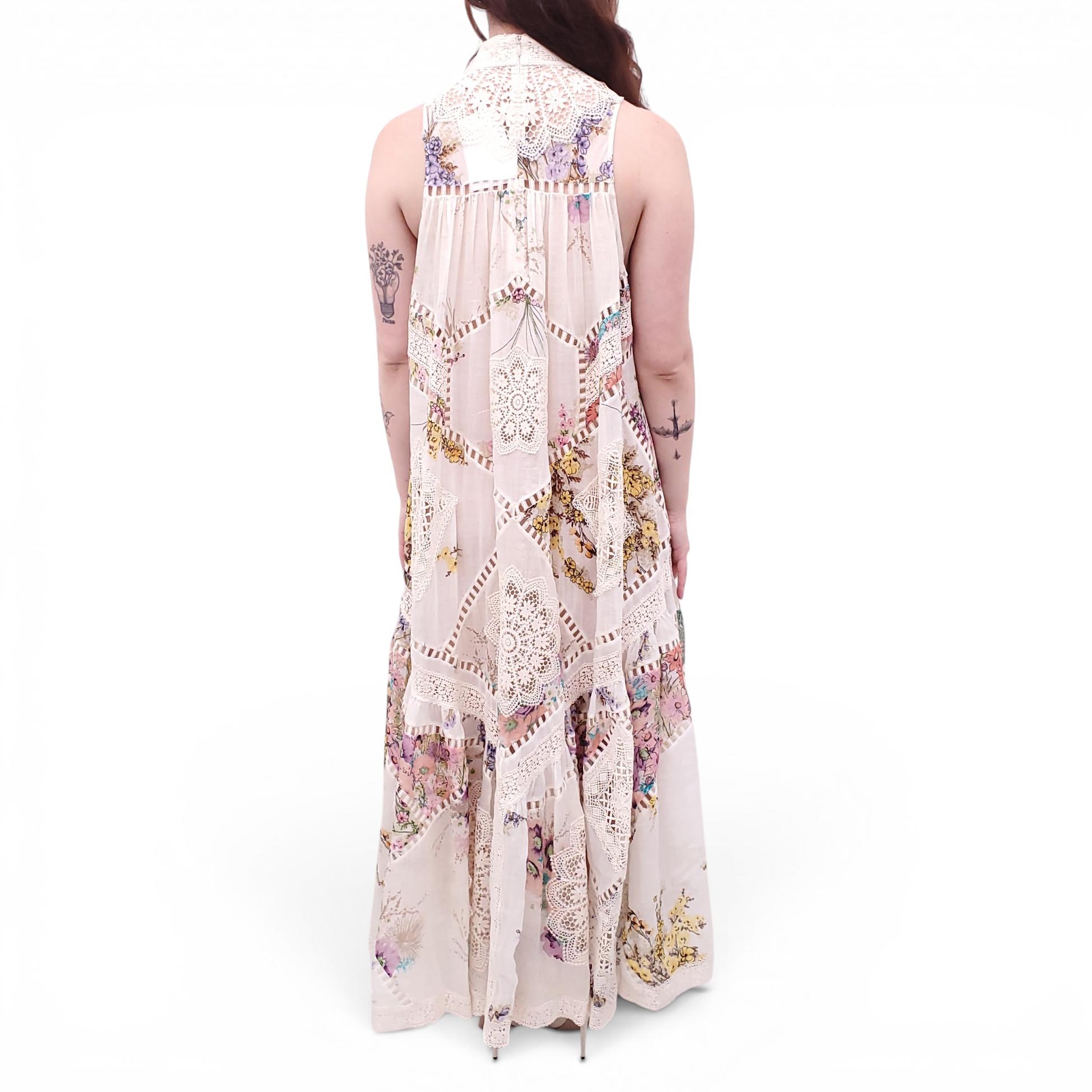 ZIMMERMANN WHITE FLORAL EYELET 'JUDE SPLICED TRIM' LONG DRESS - SIZE 2 (US 8)