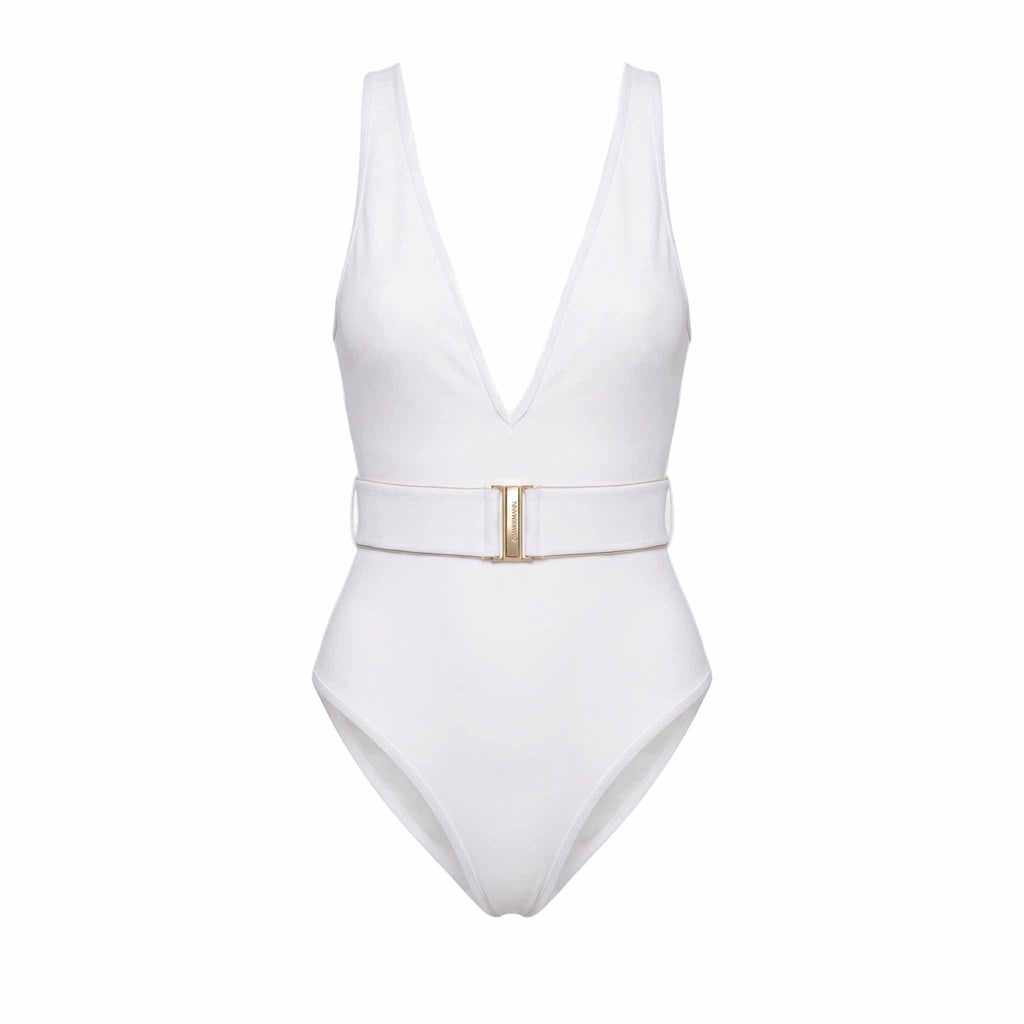 ZIMMERMANN WHITE 'JEANNIE' BELTED PLUNGE ONE-PIECE SWIMSUIT - SIZE 0 (US 4)