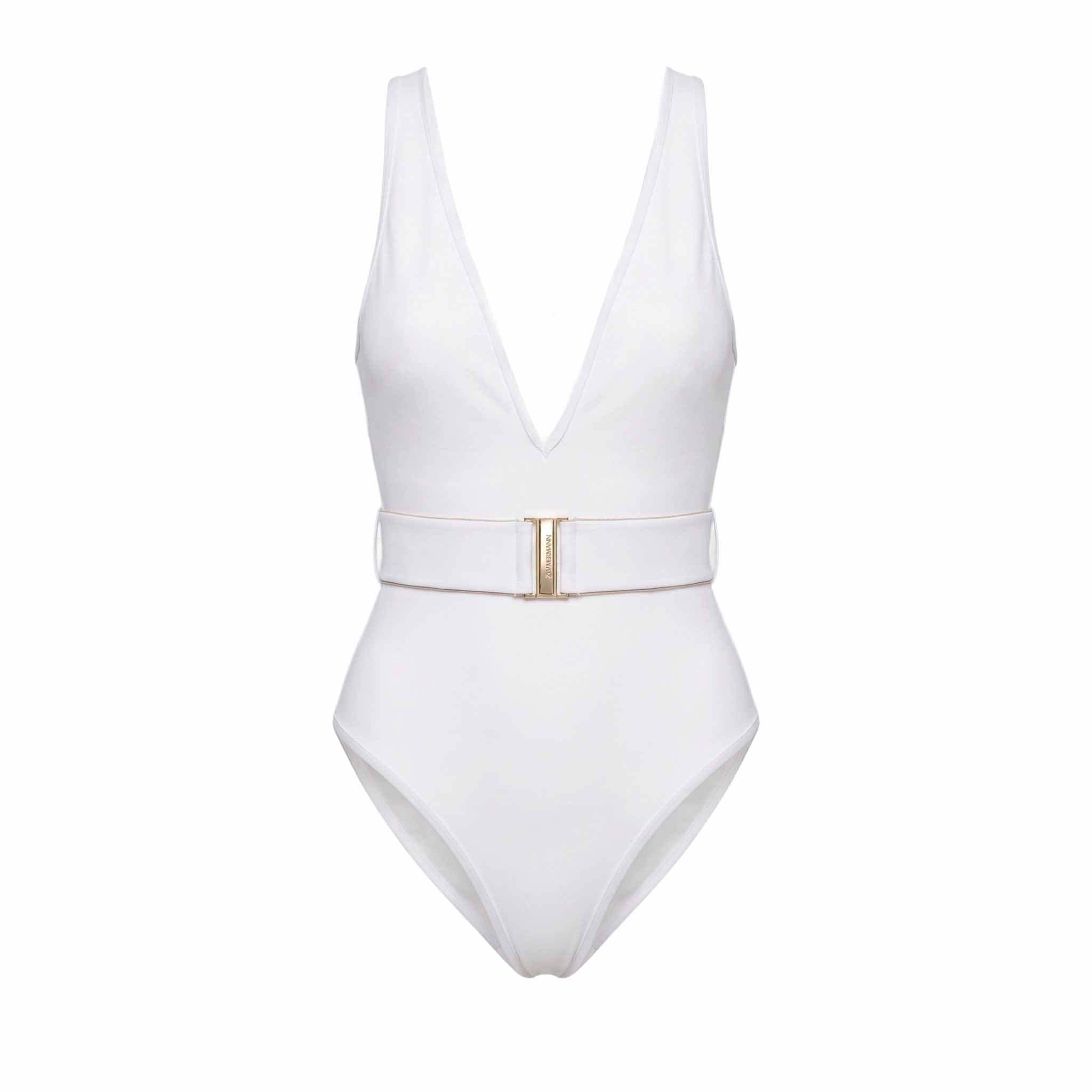 ZIMMERMANN WHITE 'JEANNIE' BELTED PLUNGE ONE-PIECE SWIMSUIT - SIZE 3 (US 10)