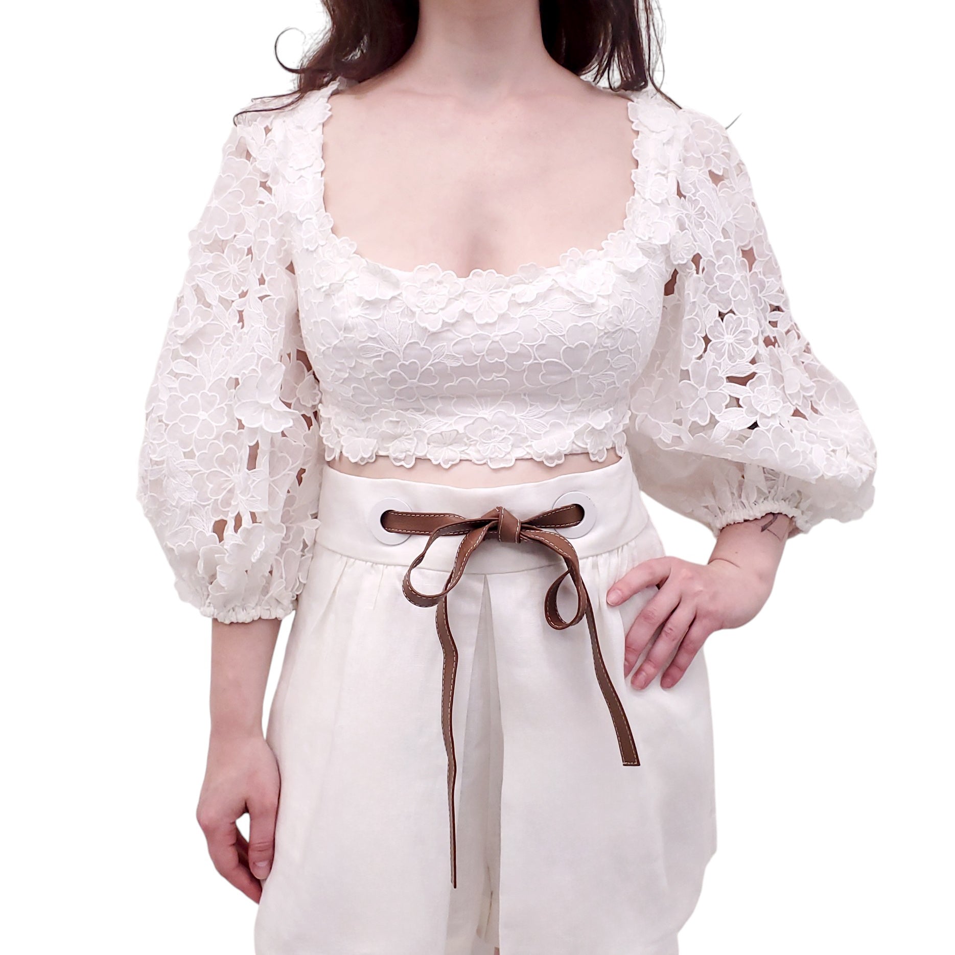 ZIMMERMANN WHITE 'LOLA EMBROIDERED CROP' TOP - SIZE 2 (US 8)