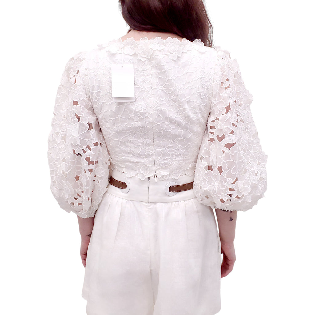 ZIMMERMANN WHITE 'LOLA EMBROIDERED CROP' TOP - SIZE 2 (US 8)