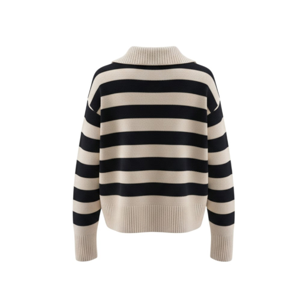 KHAITE CREAM AND NAVY FRANKLIN STRIPED CASHMERE BLEND POLO SWEATER - SIZE S