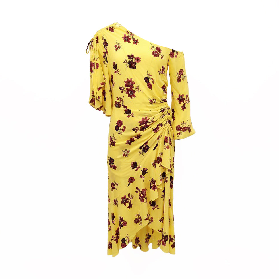 A.L.C. YELLOW FLORAL RUCHED DRESS - SIZE 8